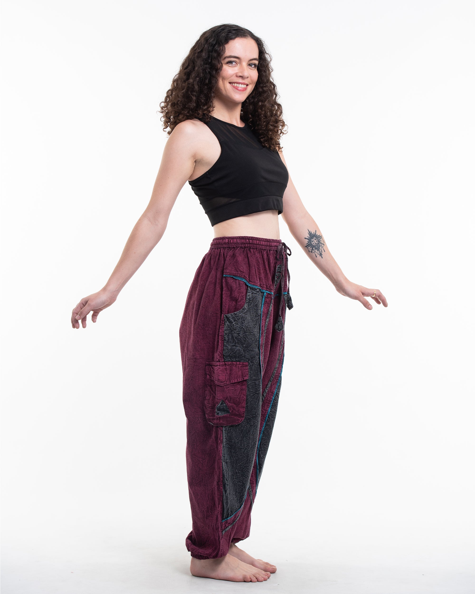 Women's Patchwork Stone Washed Cargo Cotton Pants in Red 03