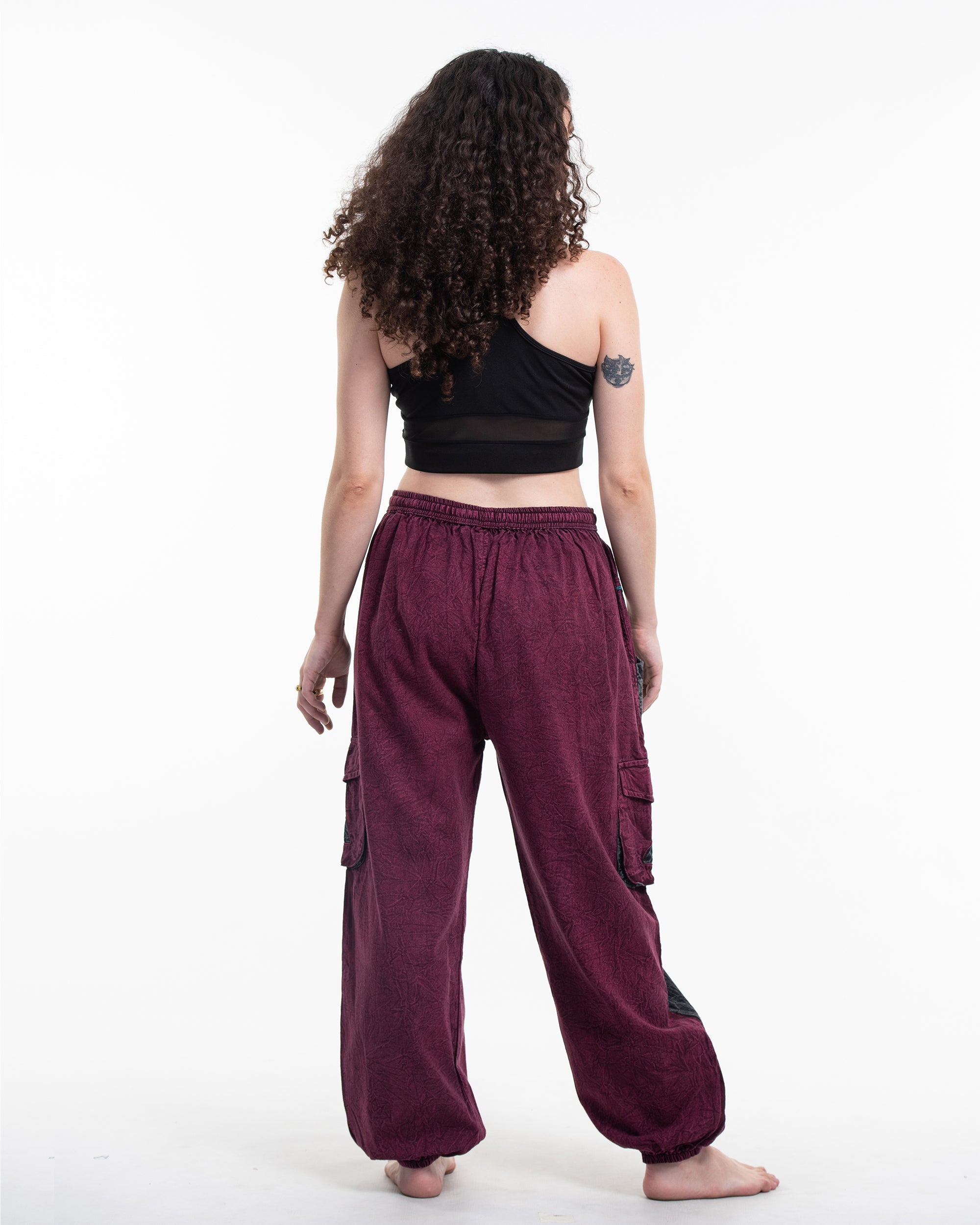 Women's Patchwork Stone Washed Cargo Cotton Pants in Red 03