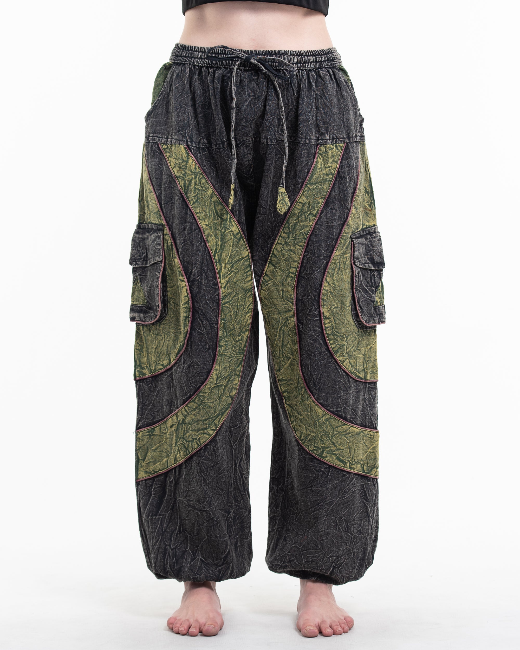 Women's Patchwork Stone Washed Cargo Cotton Pants in Black 04
