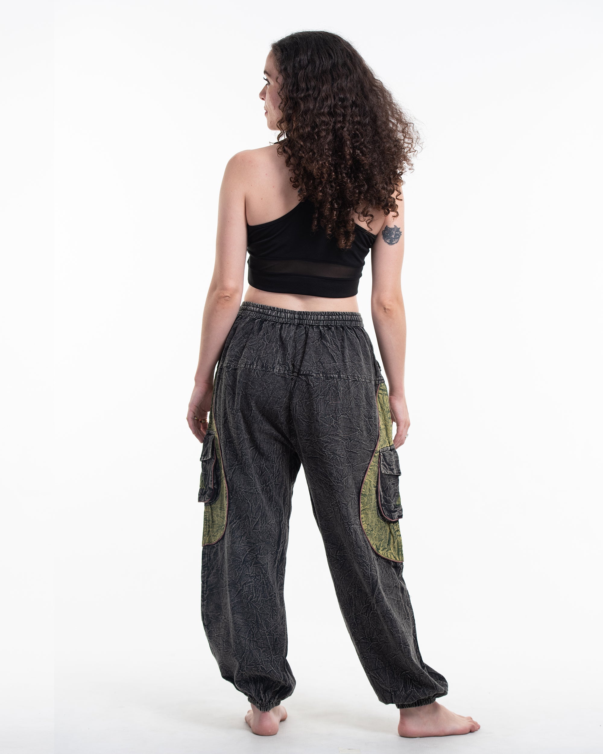 Women's Patchwork Stone Washed Cargo Cotton Pants in Black 04