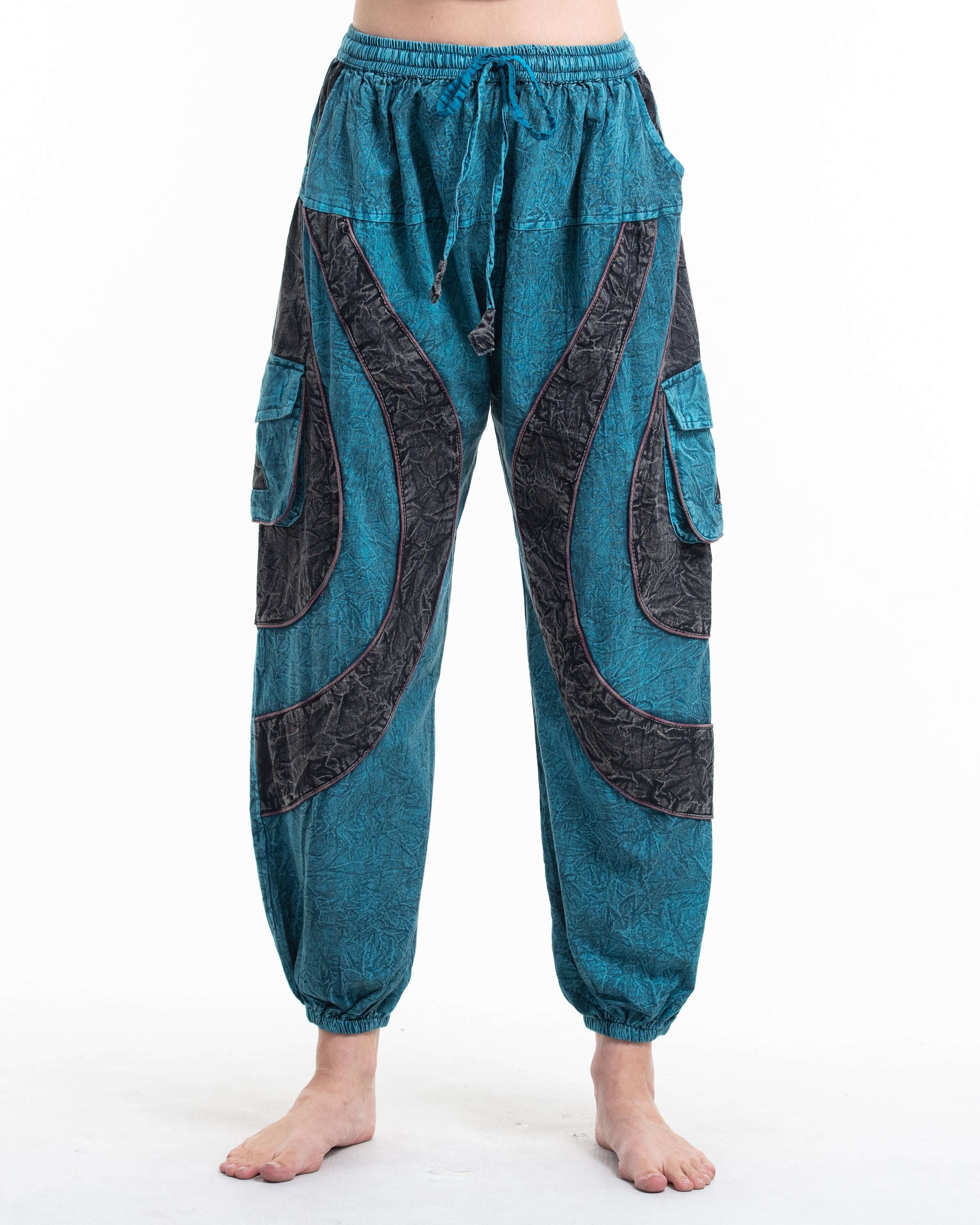 Women's Patchwork Stone Washed Cargo Cotton Pants in Blue 04