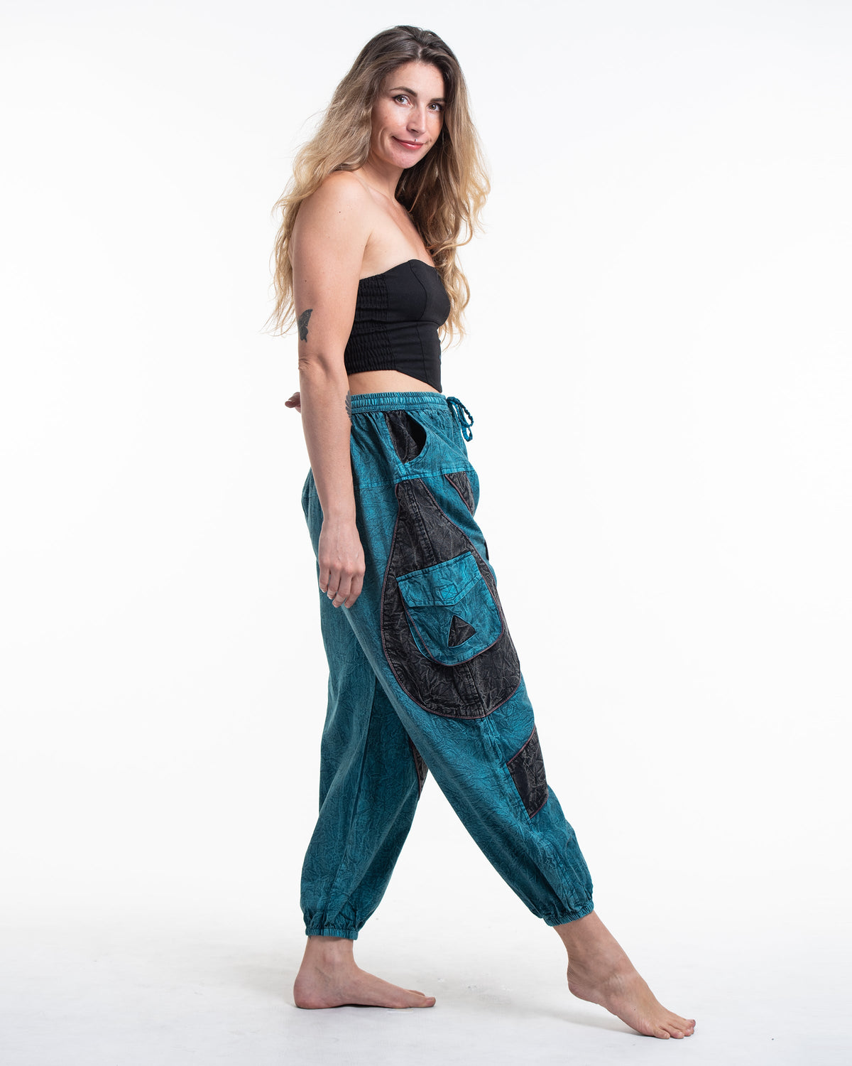 Women's Patchwork Stone Washed Cargo Cotton Pants in Blue 04