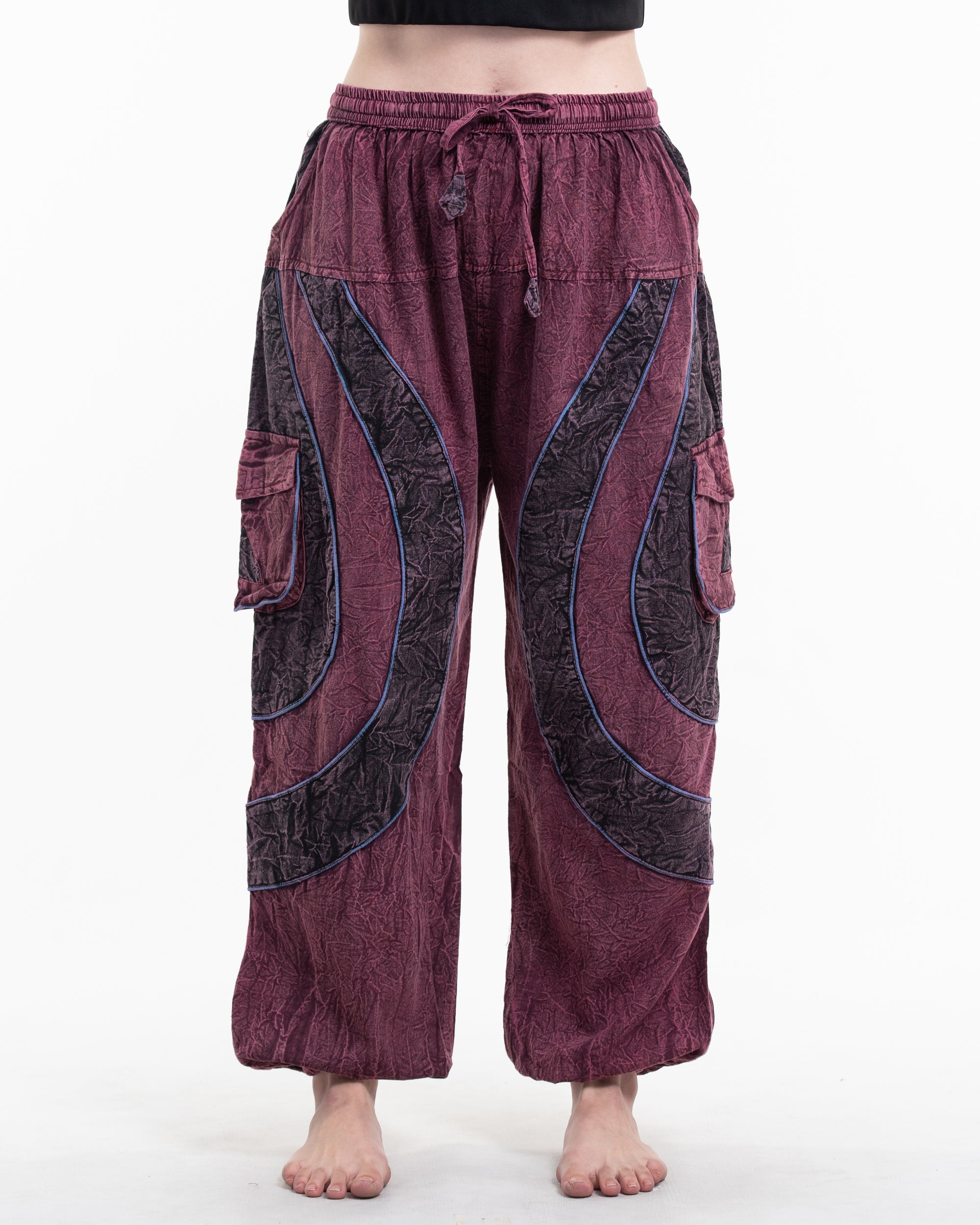 Women's Patchwork Stone Washed Cargo Cotton Pants in Maroon 04