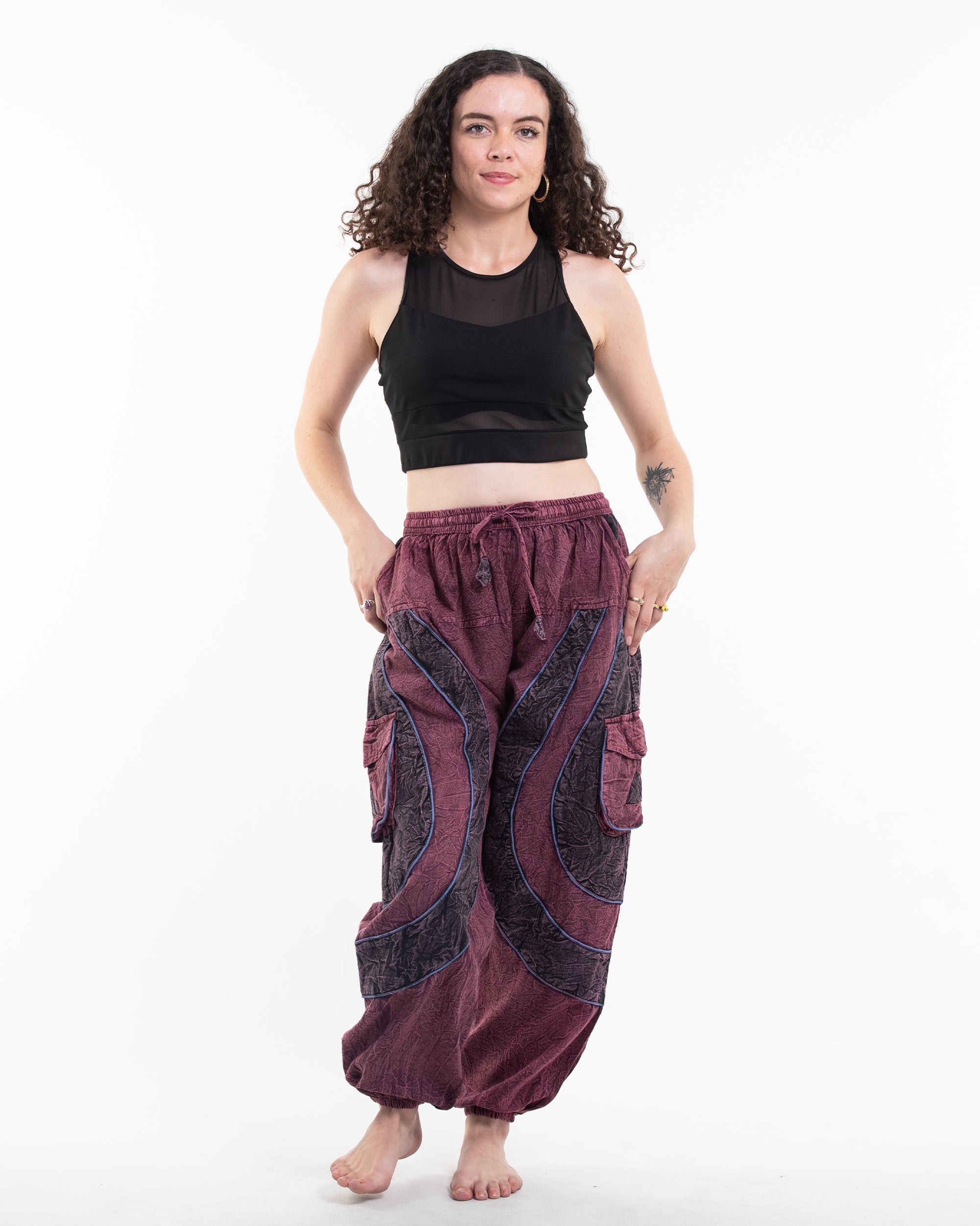 Women's Patchwork Stone Washed Cargo Cotton Pants in Maroon 04