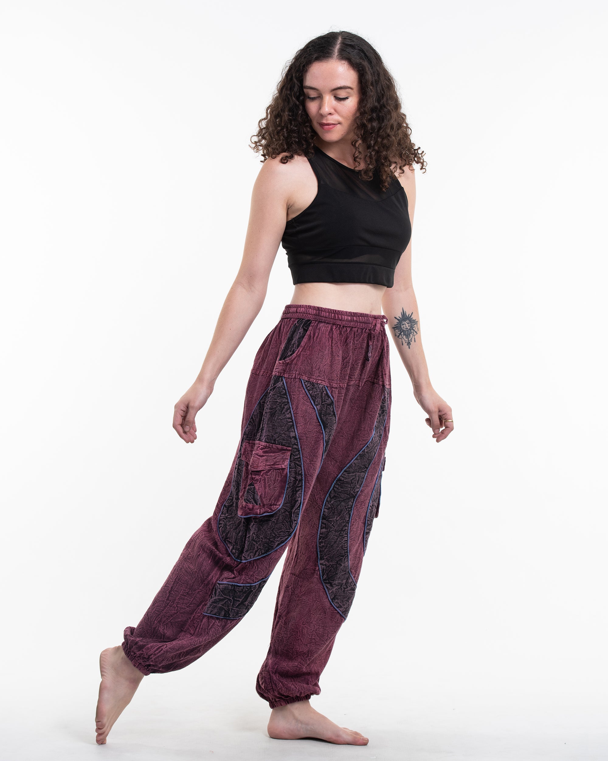 Women's Patchwork Stone Washed Cargo Cotton Pants in Maroon 04