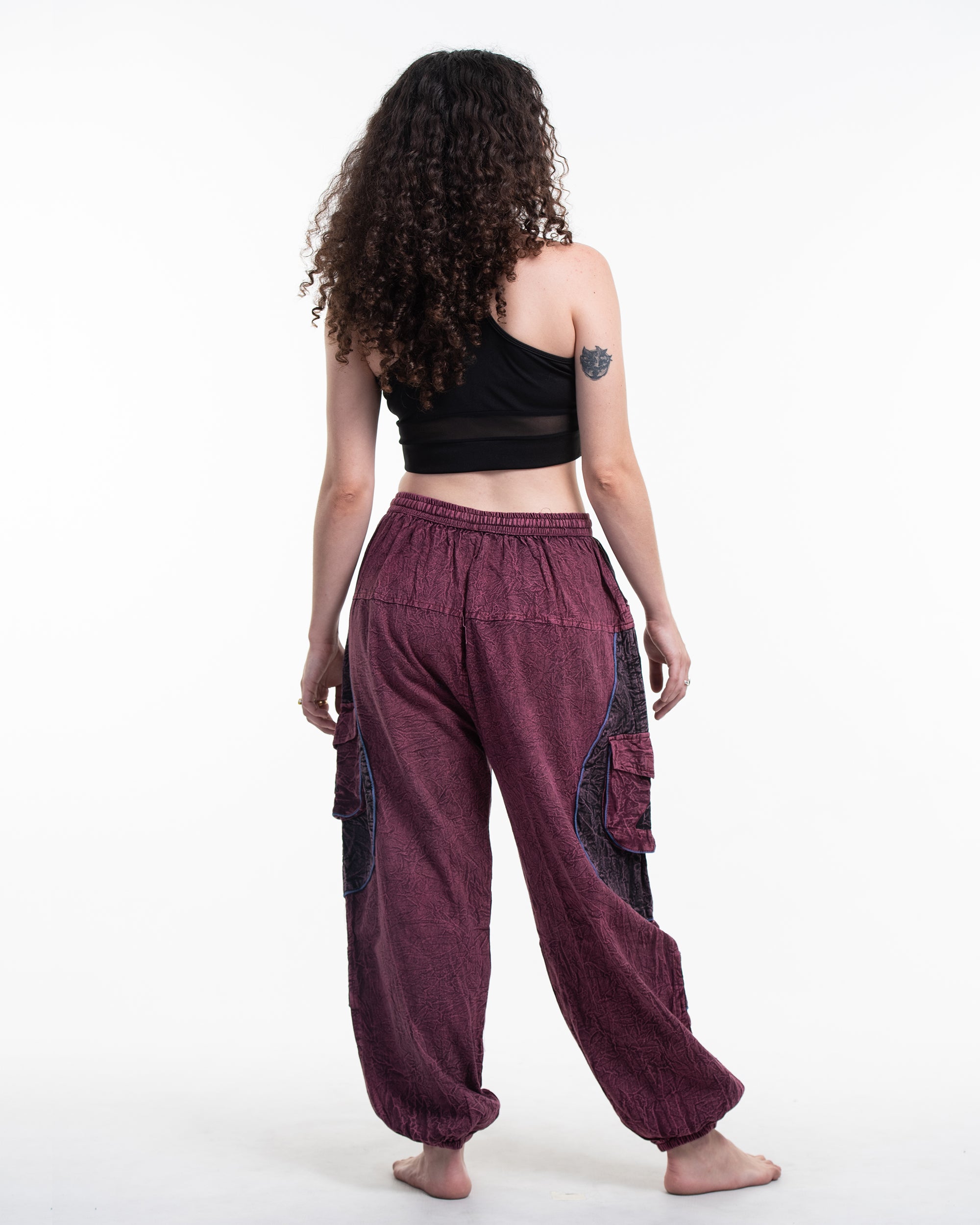 Women's Patchwork Stone Washed Cargo Cotton Pants in Maroon 04