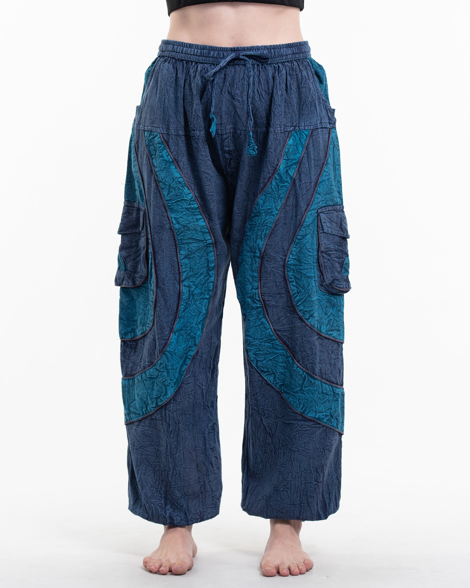Women's Patchwork Stone Washed Cargo Cotton Pants in Navy 04
