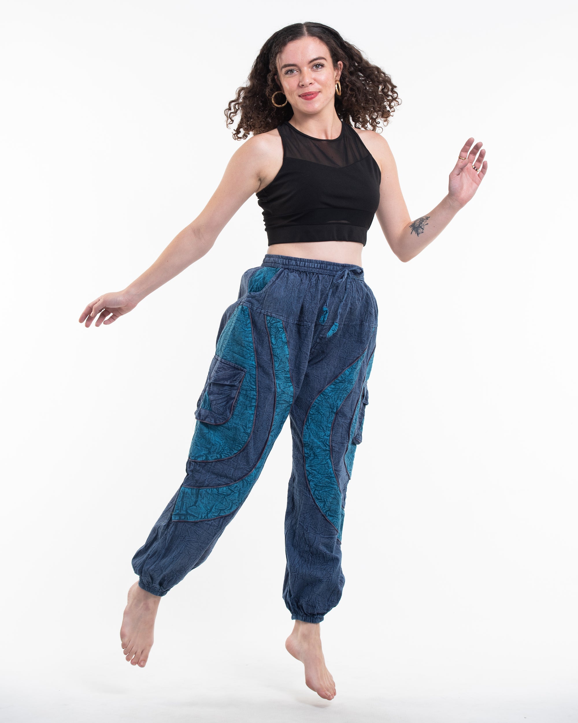 Women's Patchwork Stone Washed Cargo Cotton Pants in Navy 04
