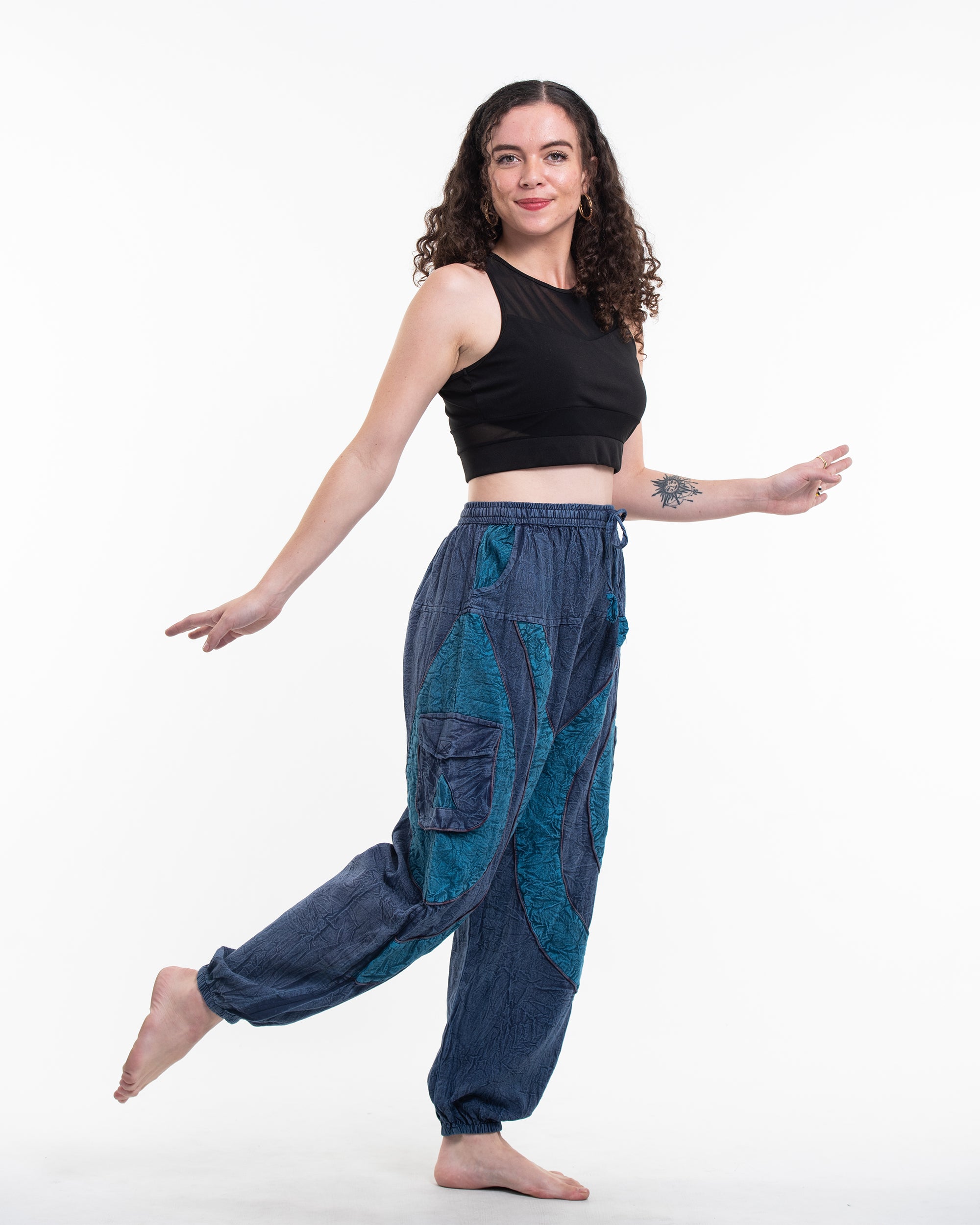 Women's Patchwork Stone Washed Cargo Cotton Pants in Navy 04