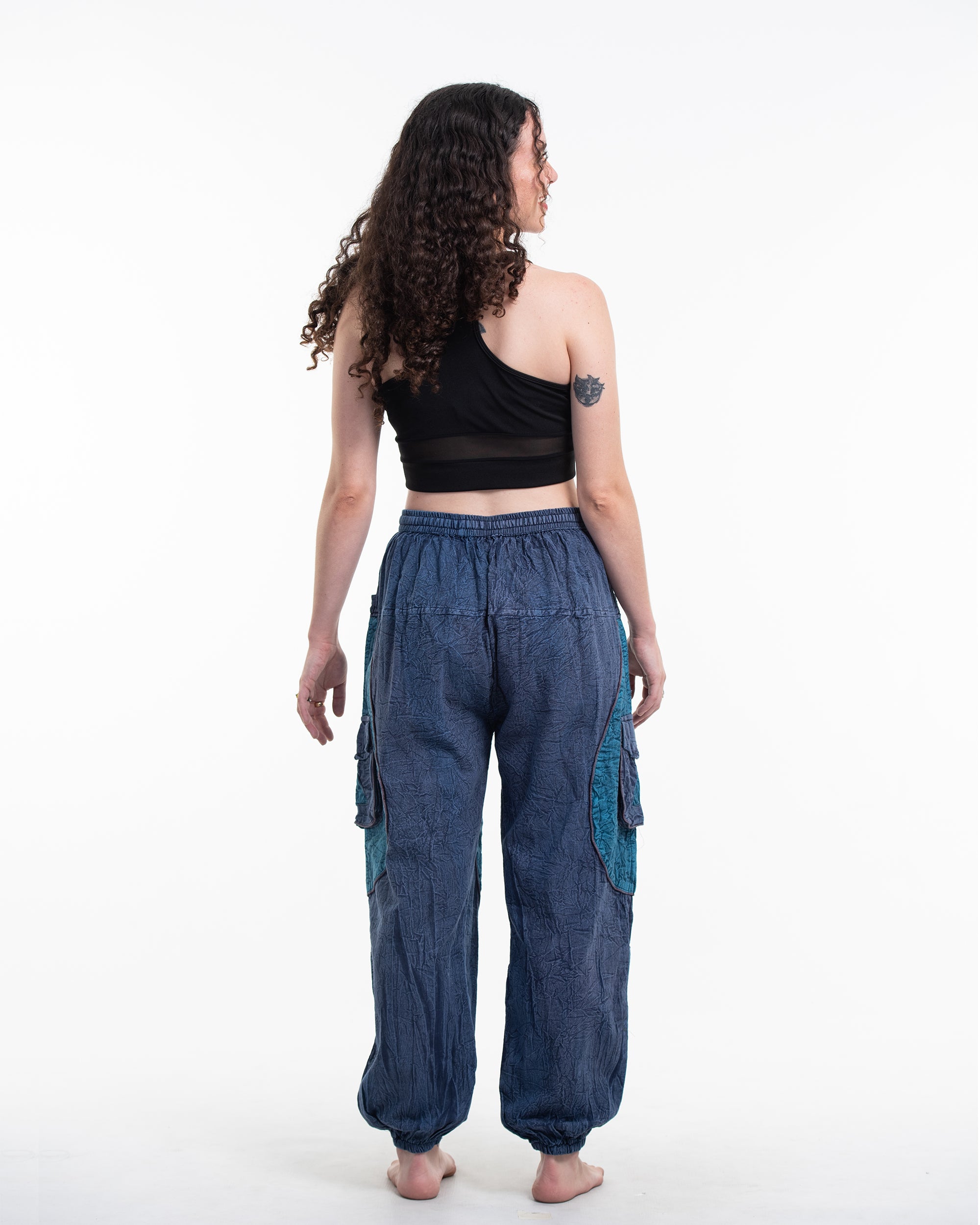 Women's Patchwork Stone Washed Cargo Cotton Pants in Navy 04