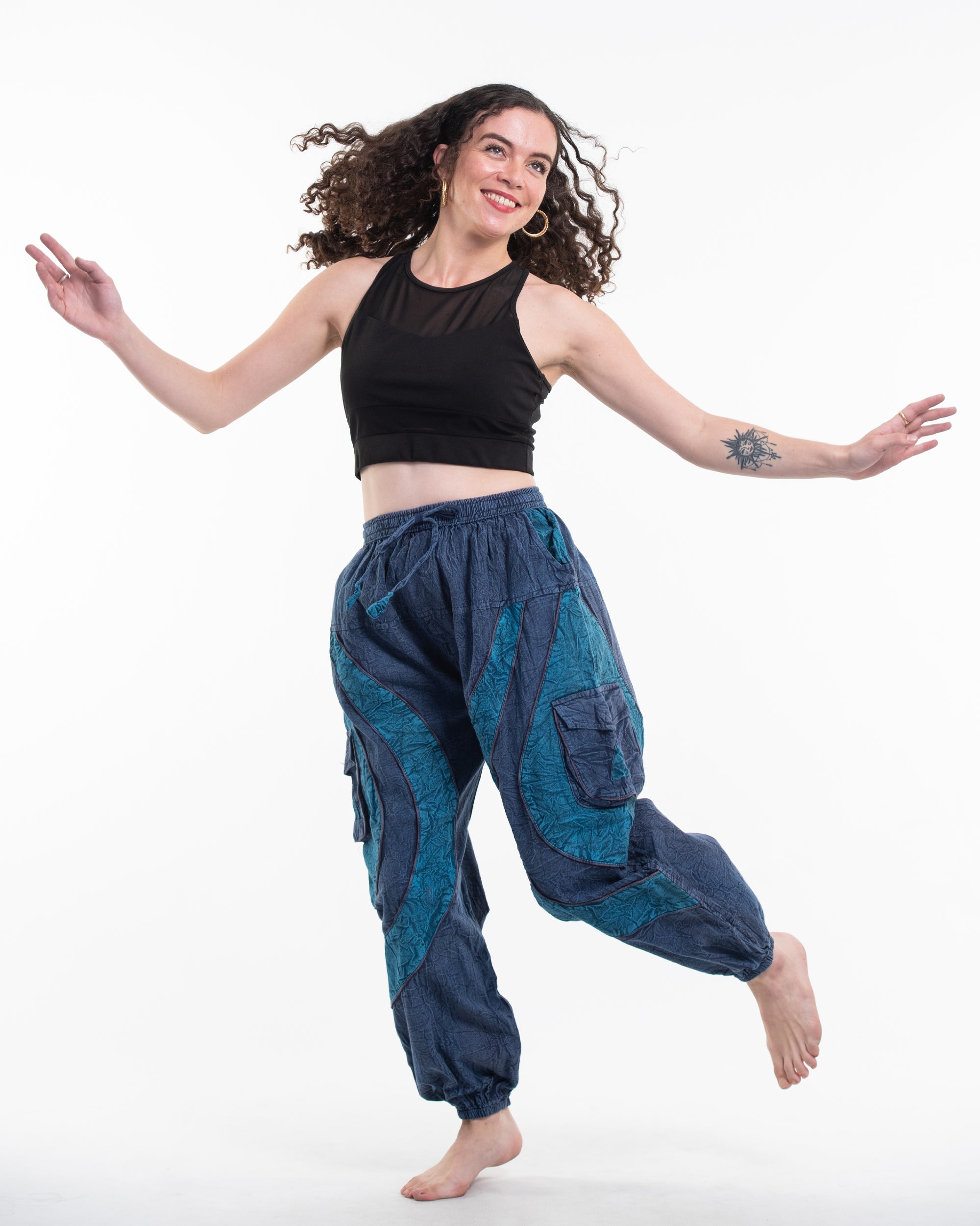 Women's Patchwork Stone Washed Cargo Cotton Pants in Navy 04