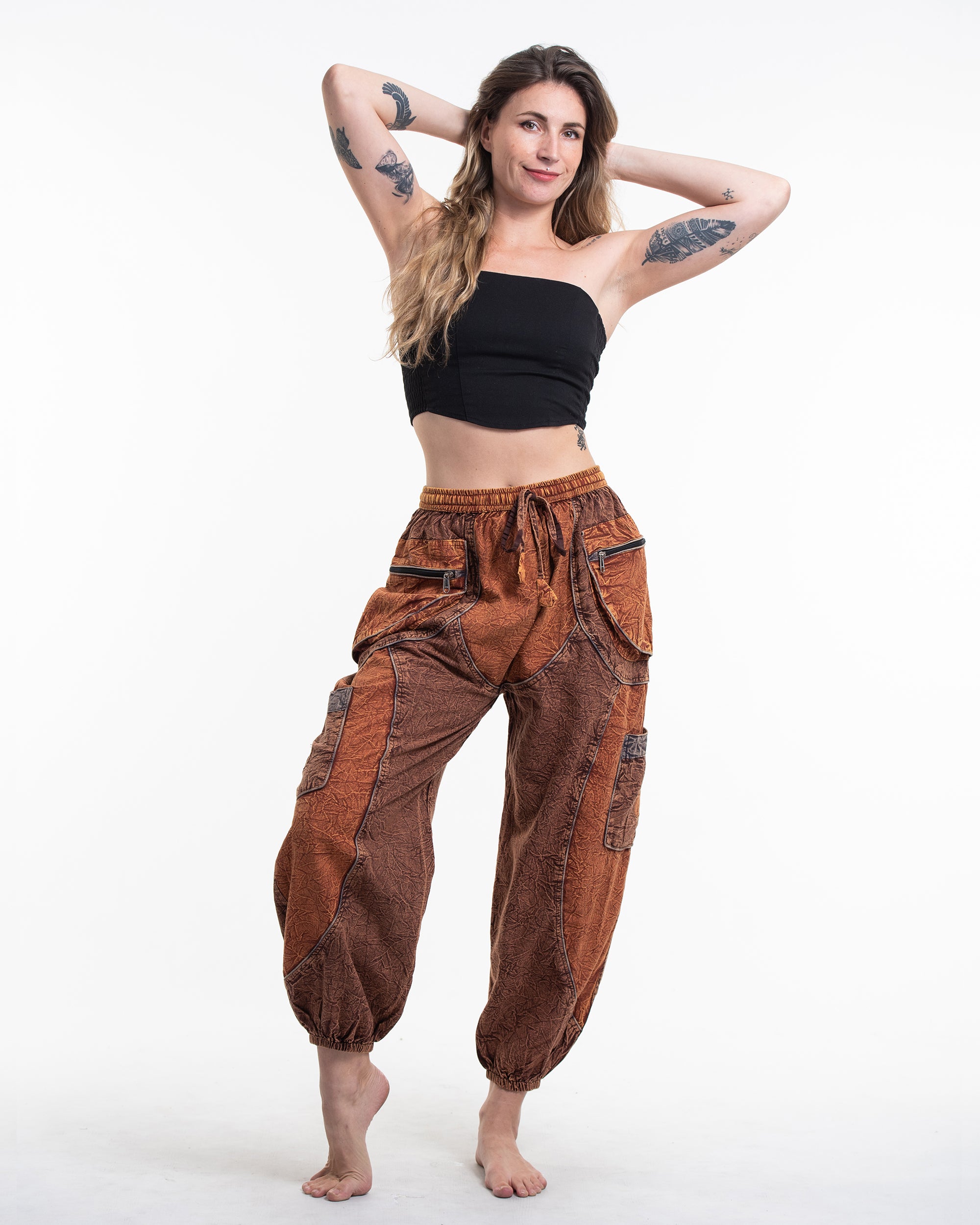 Women's Patchwork Stone Washed Cargo Cotton Pants in Brown 05