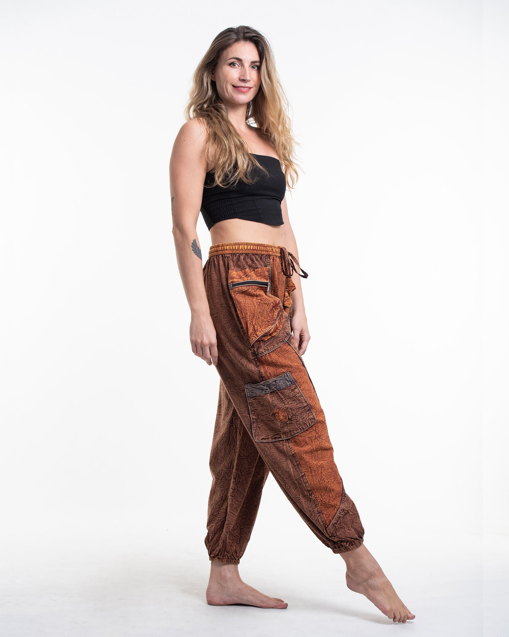 Women's Patchwork Stone Washed Cargo Cotton Pants in Brown 05