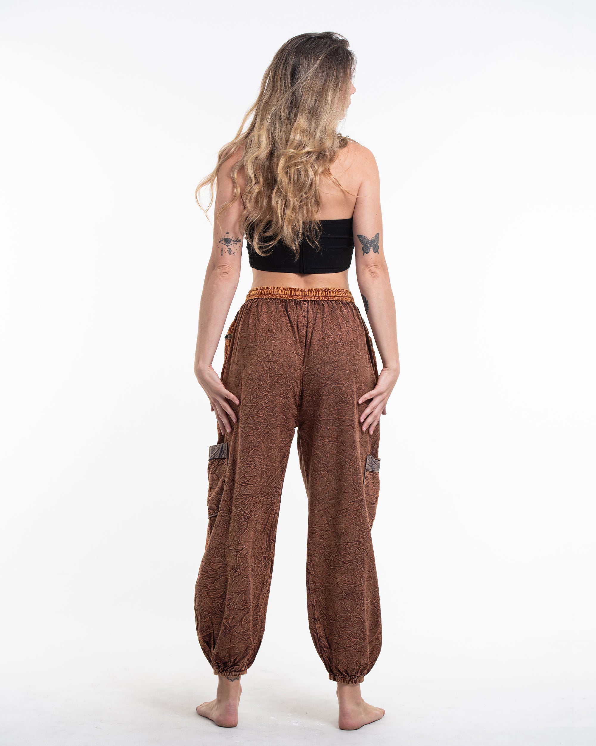 Women's Patchwork Stone Washed Cargo Cotton Pants in Brown 05