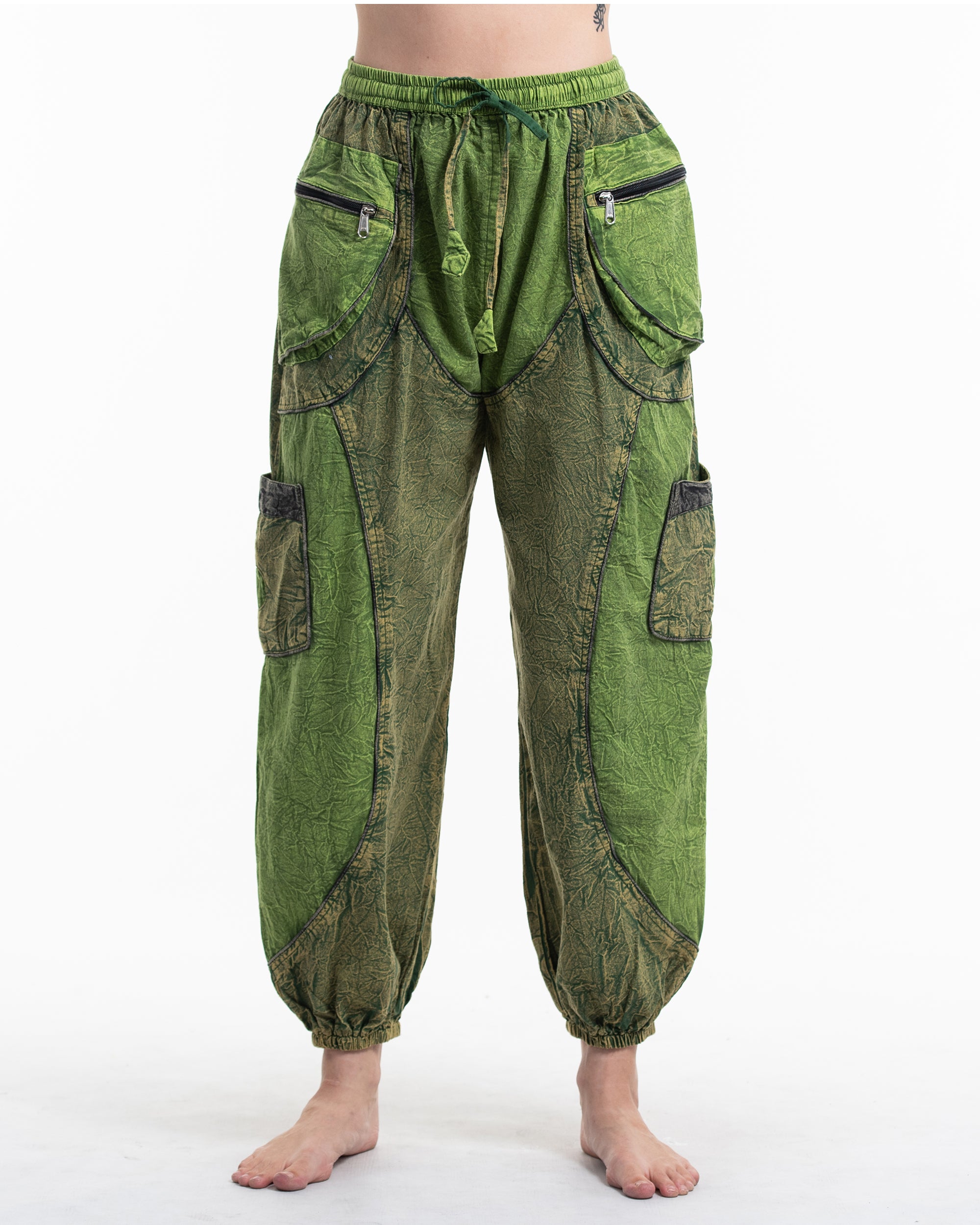 Women's Patchwork Stone Washed Cargo Cotton Pants in Green 05