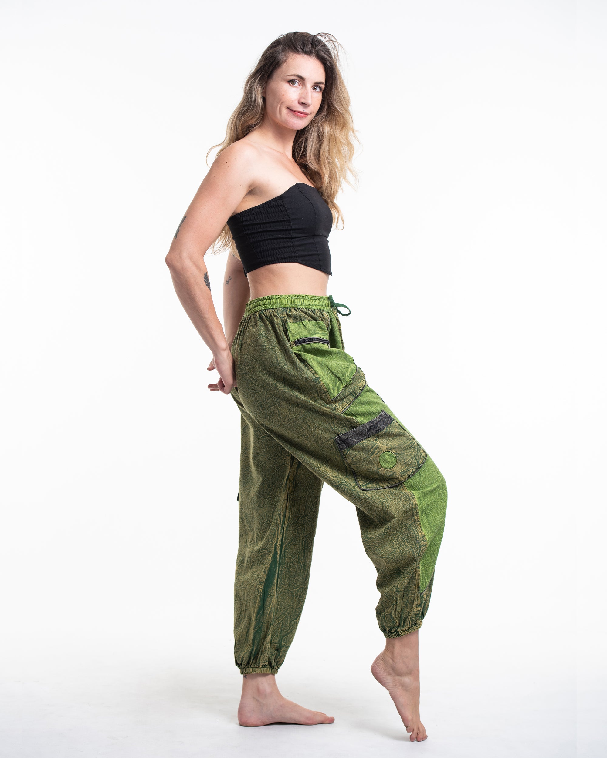 Women's Patchwork Stone Washed Cargo Cotton Pants in Green 05