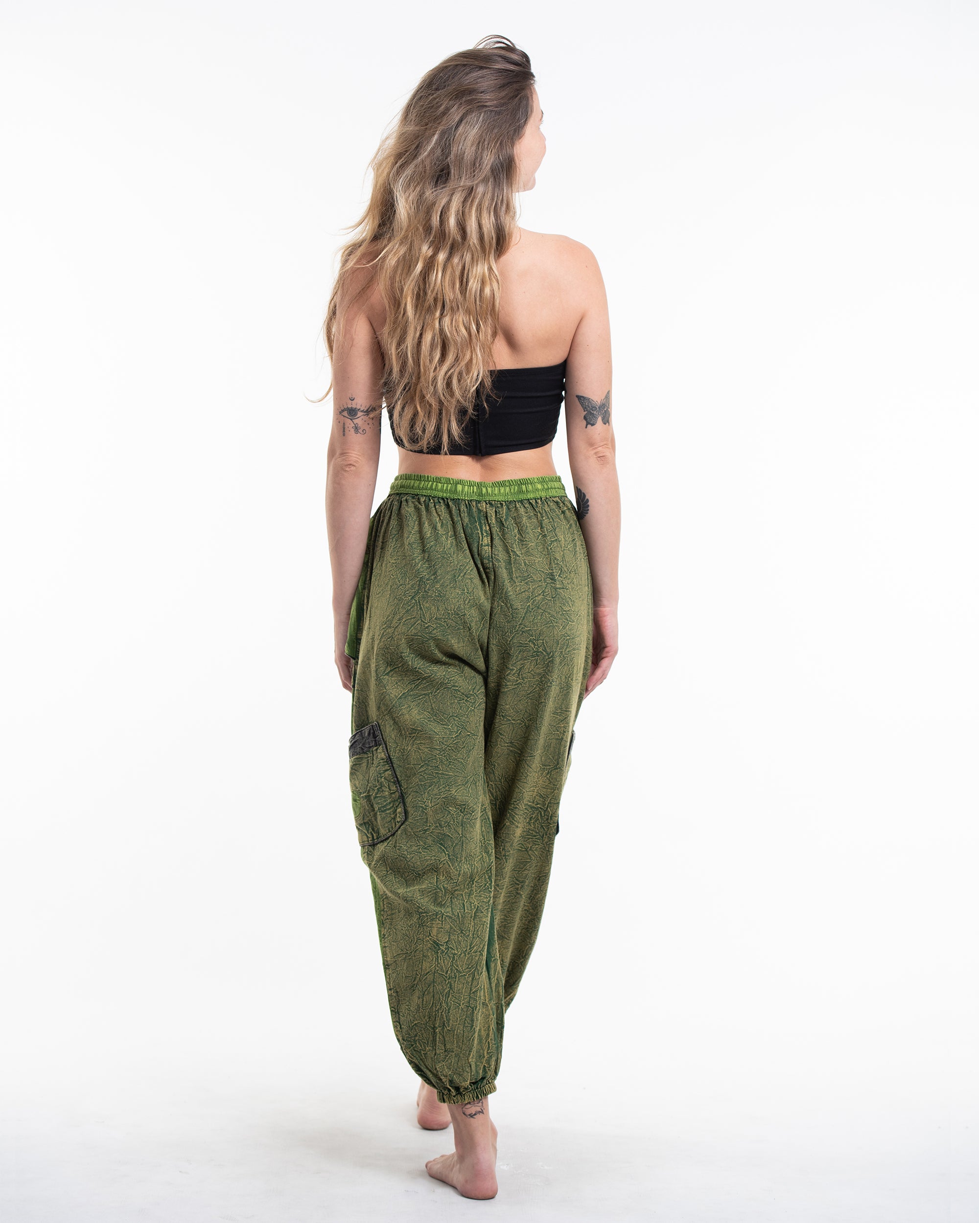 Women's Patchwork Stone Washed Cargo Cotton Pants in Green 05