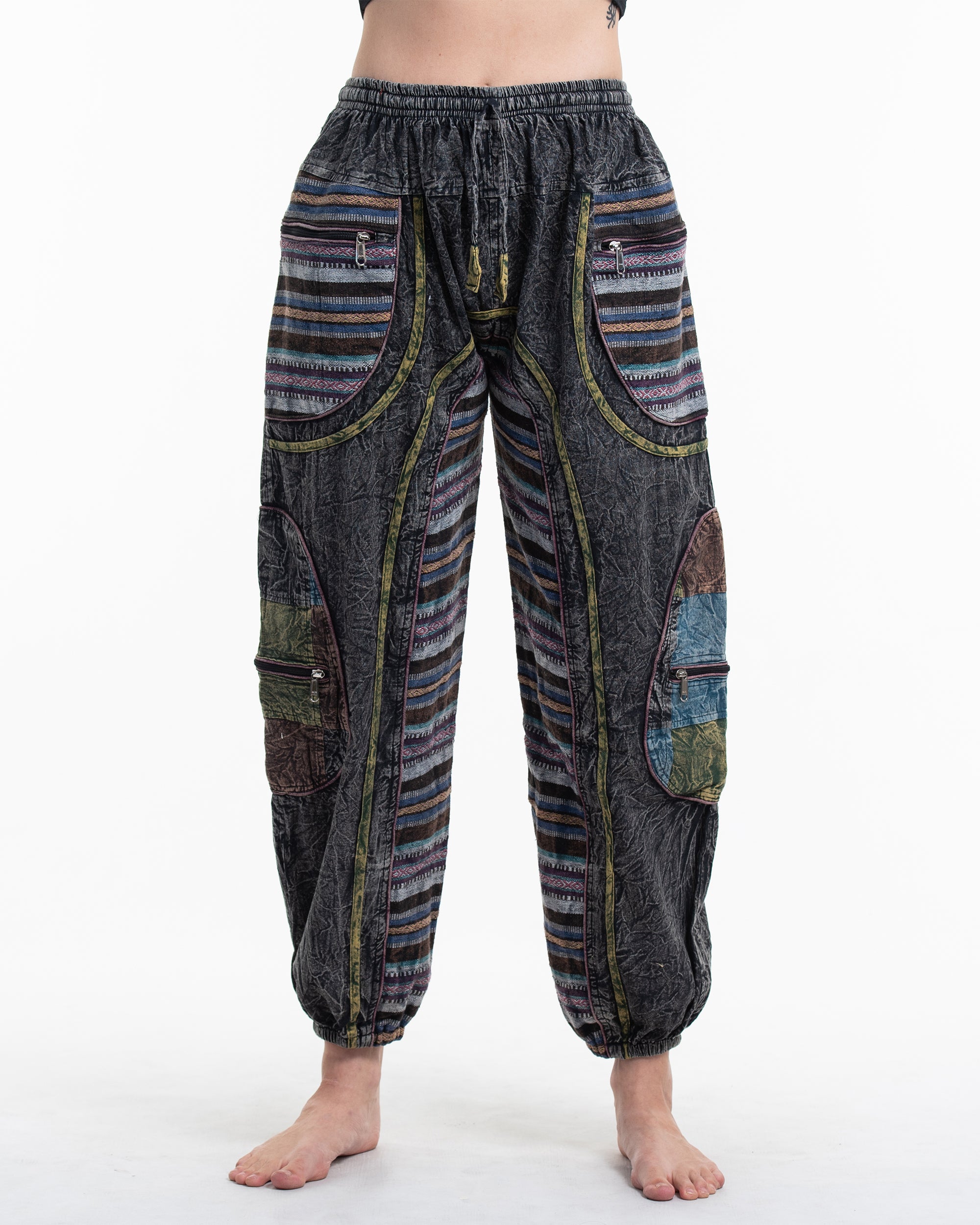 Women's Patchwork Stone Washed Cargo Cotton Pants in Black 06