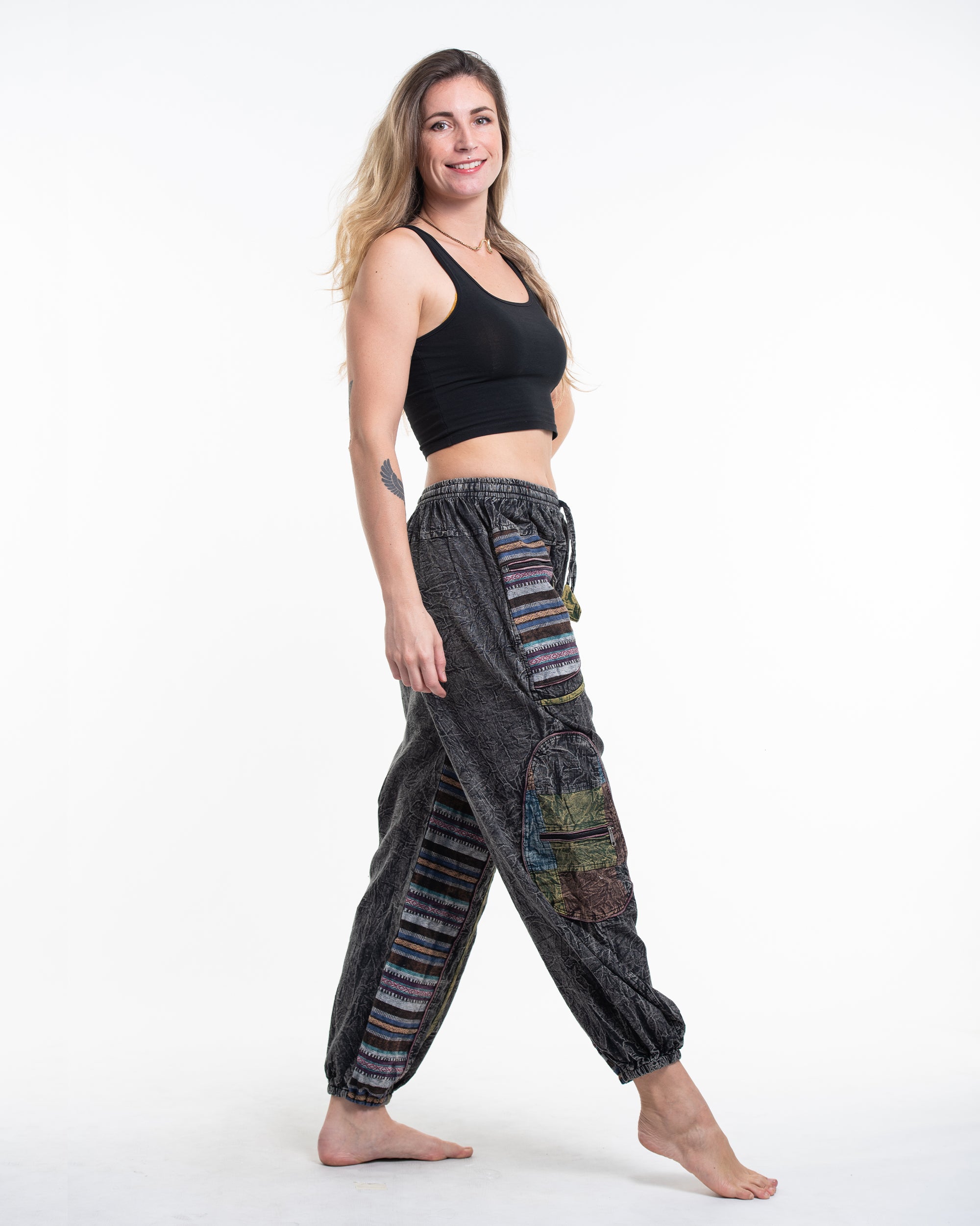 Women's Patchwork Stone Washed Cargo Cotton Pants in Black 06