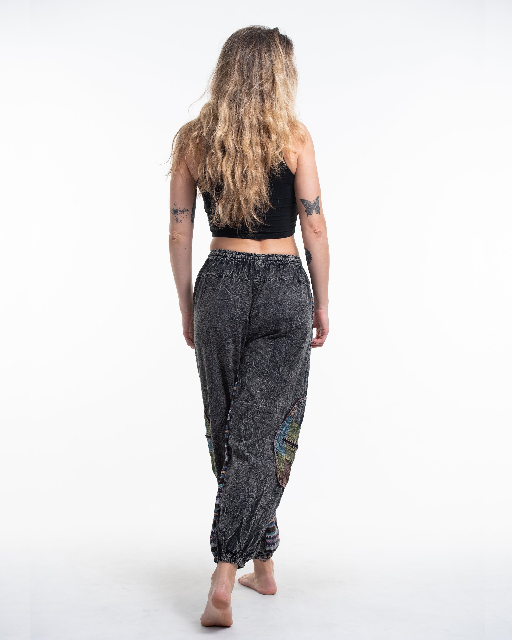 Women's Patchwork Stone Washed Cargo Cotton Pants in Black 06
