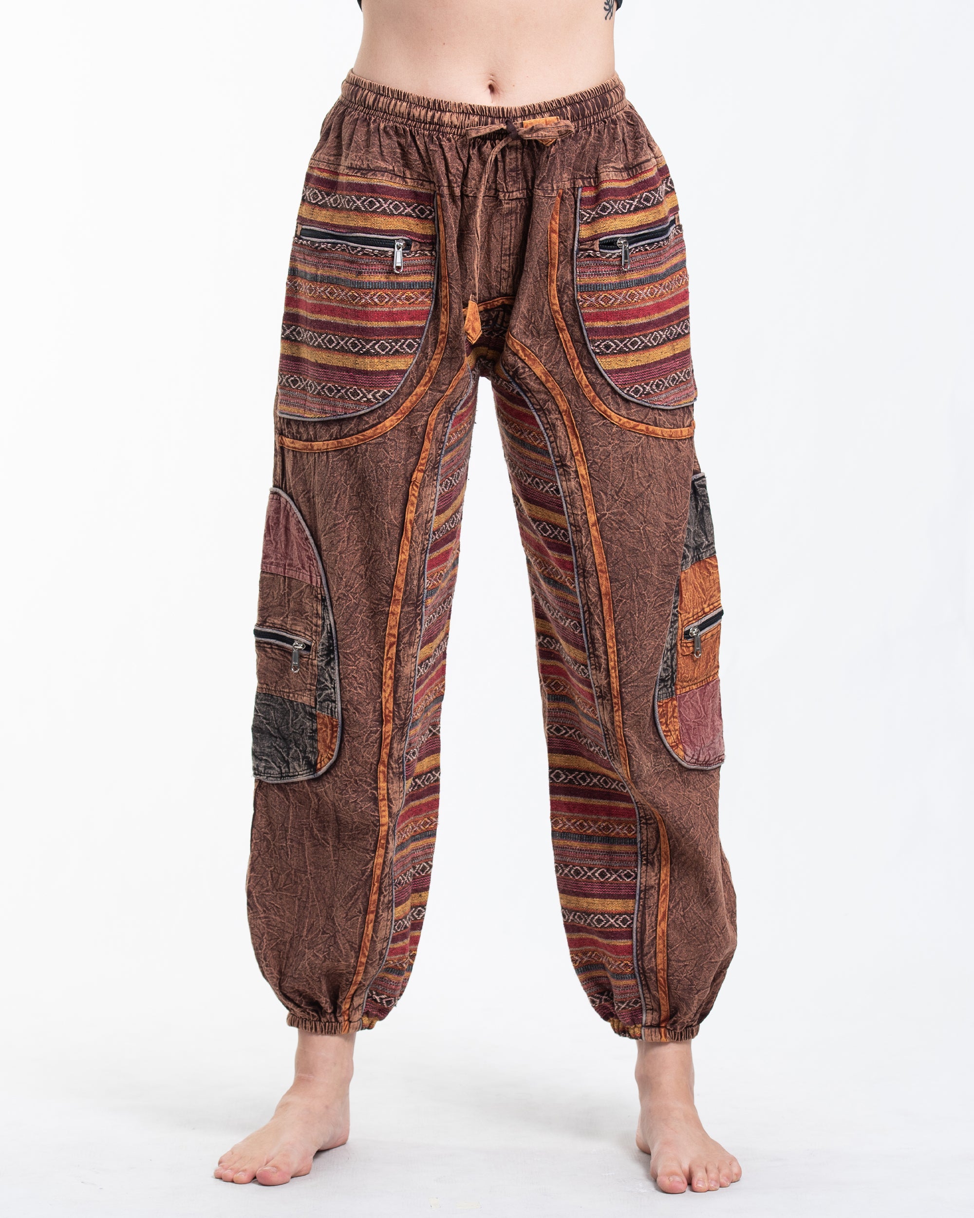 Women's Patchwork Stone Washed Cargo Cotton Pants in Brown 06