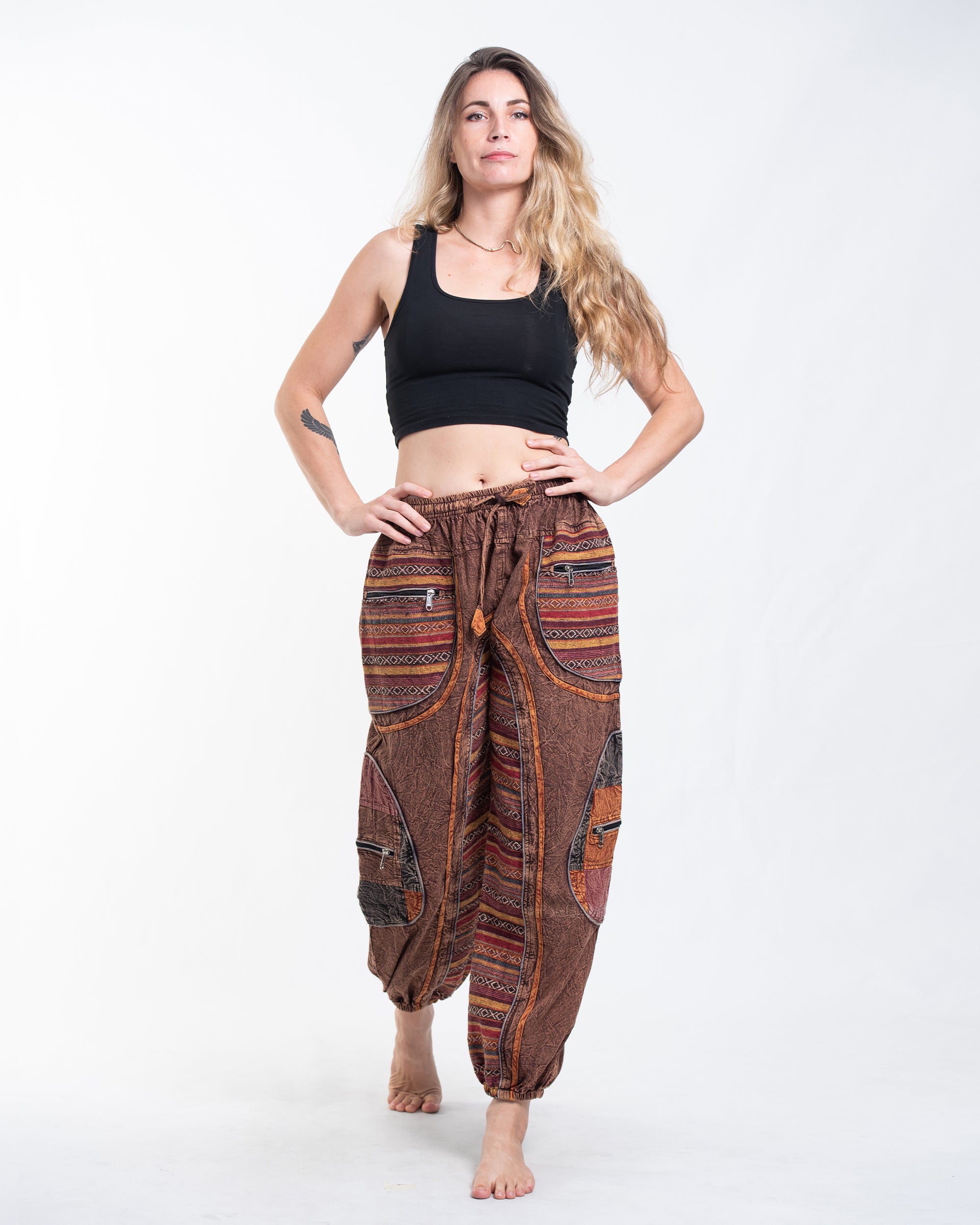 Women's Patchwork Stone Washed Cargo Cotton Pants in Brown 06