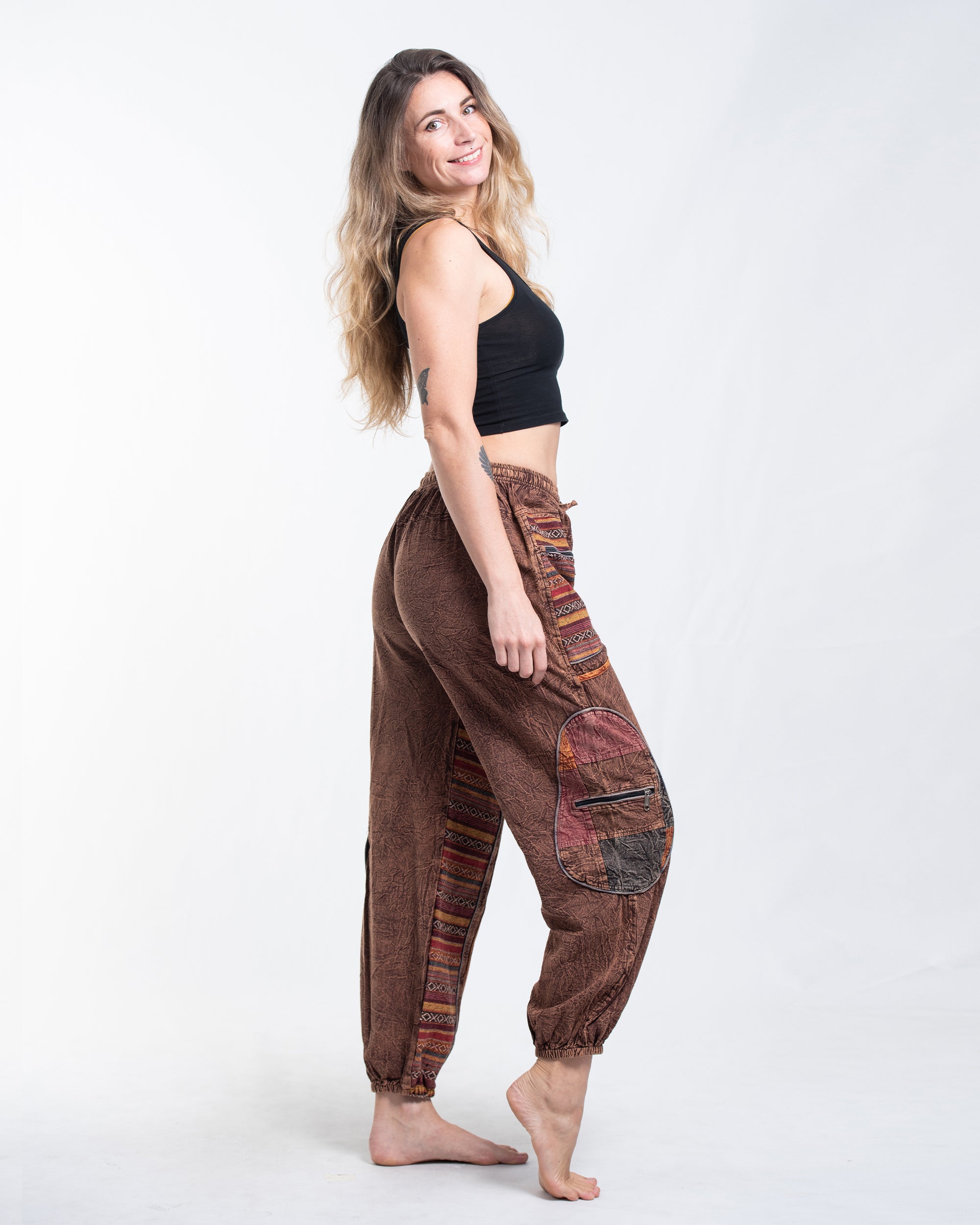 Women's Patchwork Stone Washed Cargo Cotton Pants in Brown 06