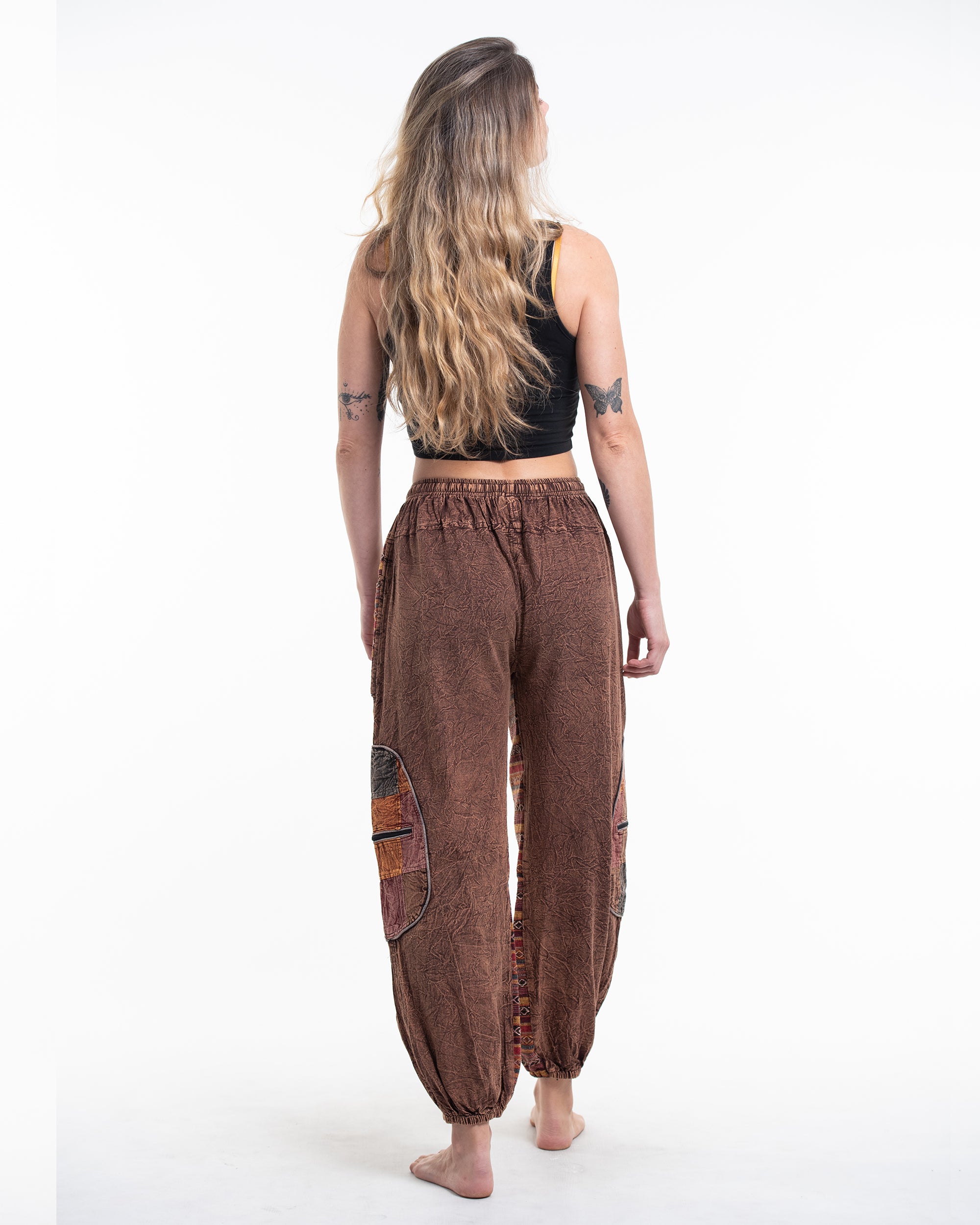 Women's Patchwork Stone Washed Cargo Cotton Pants in Brown 06