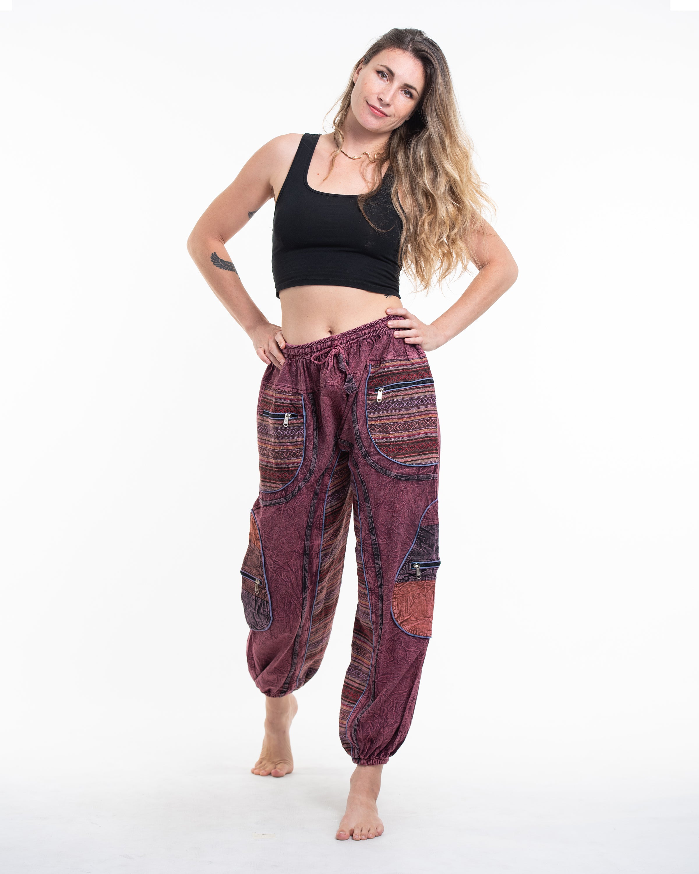 Women's Patchwork Stone Washed Cargo Cotton Pants in Maroon 06