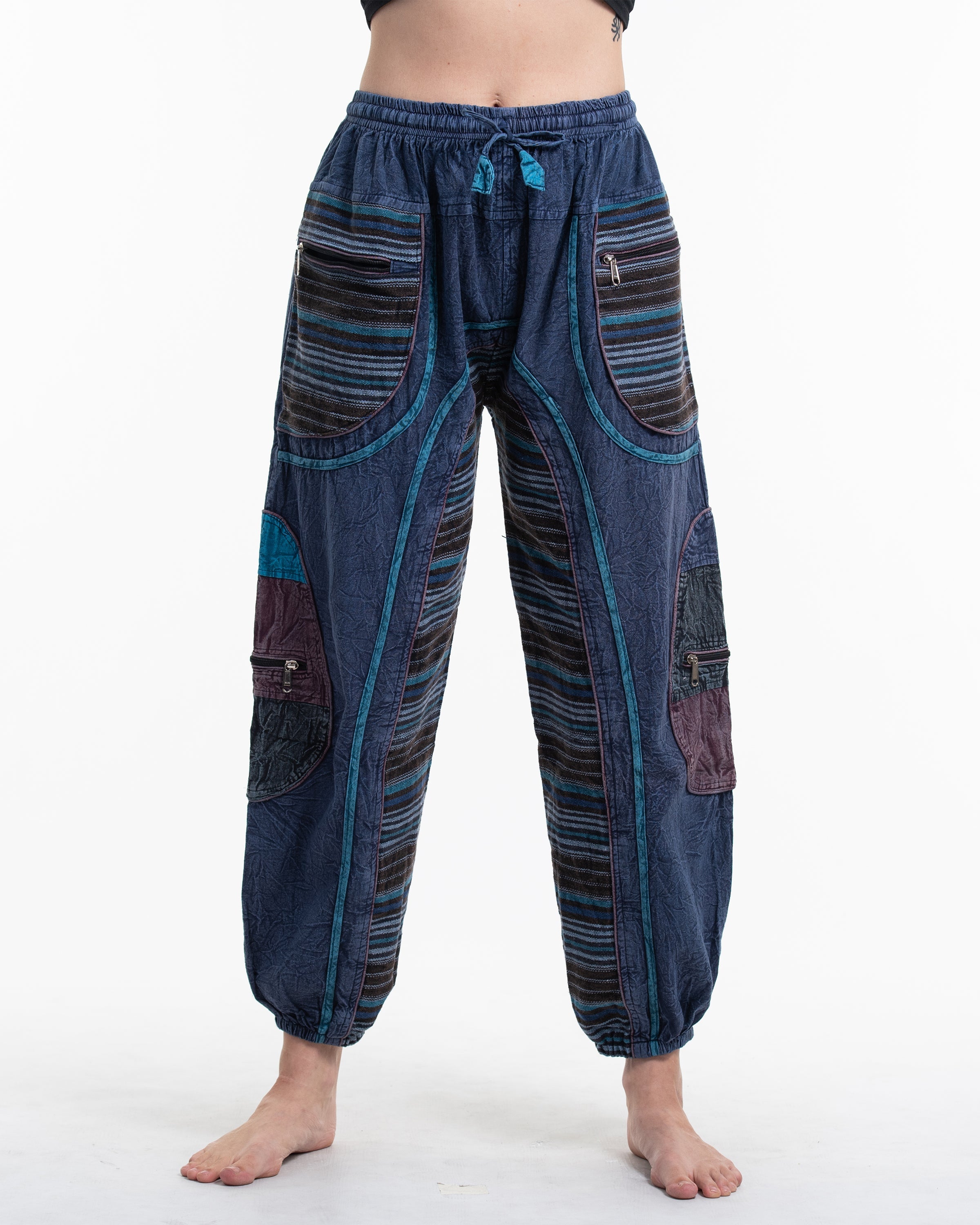 Women's Patchwork Stone Washed Cargo Cotton Pants in Navy 06