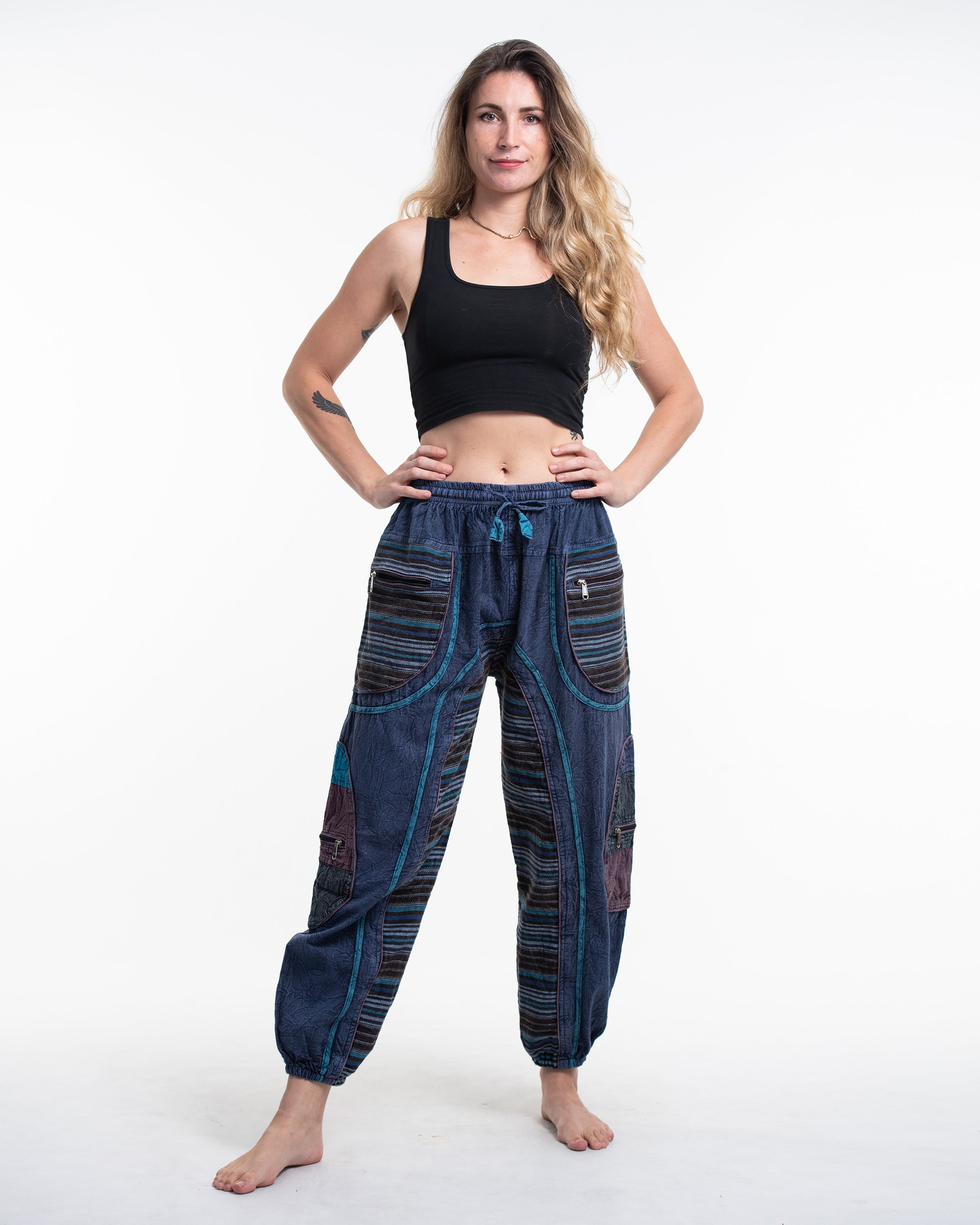 Women's Patchwork Stone Washed Cargo Cotton Pants in Navy 06