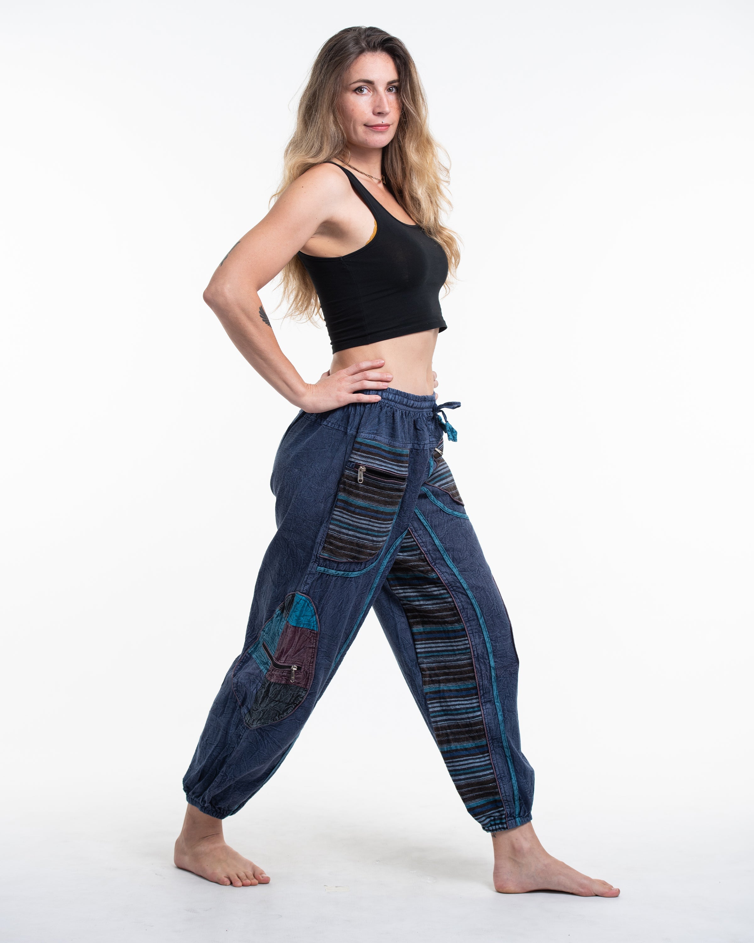 Women's Patchwork Stone Washed Cargo Cotton Pants in Navy 06