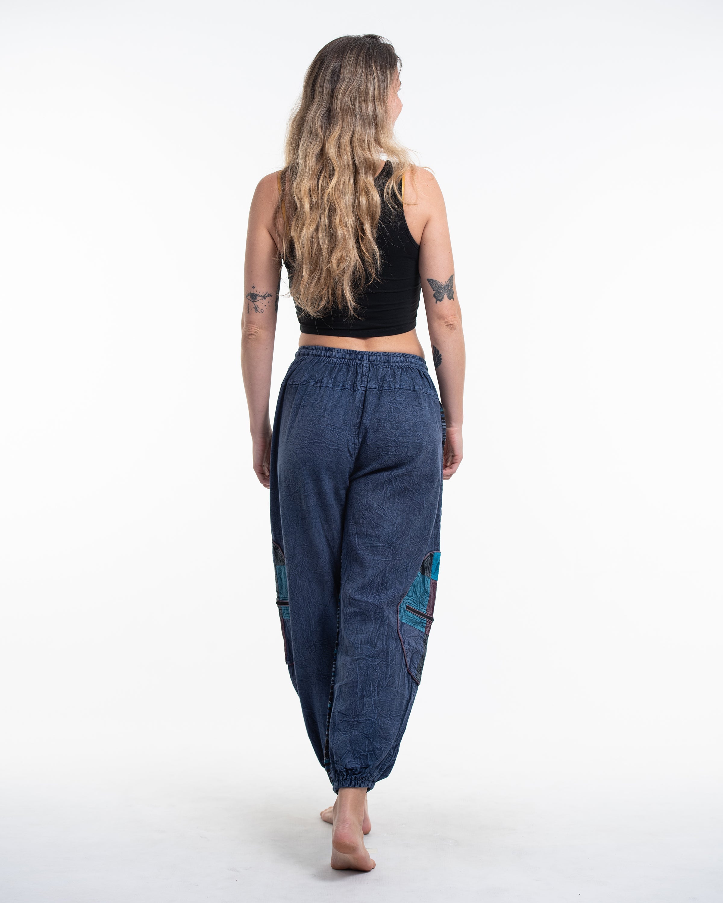 Women's Patchwork Stone Washed Cargo Cotton Pants in Navy 06