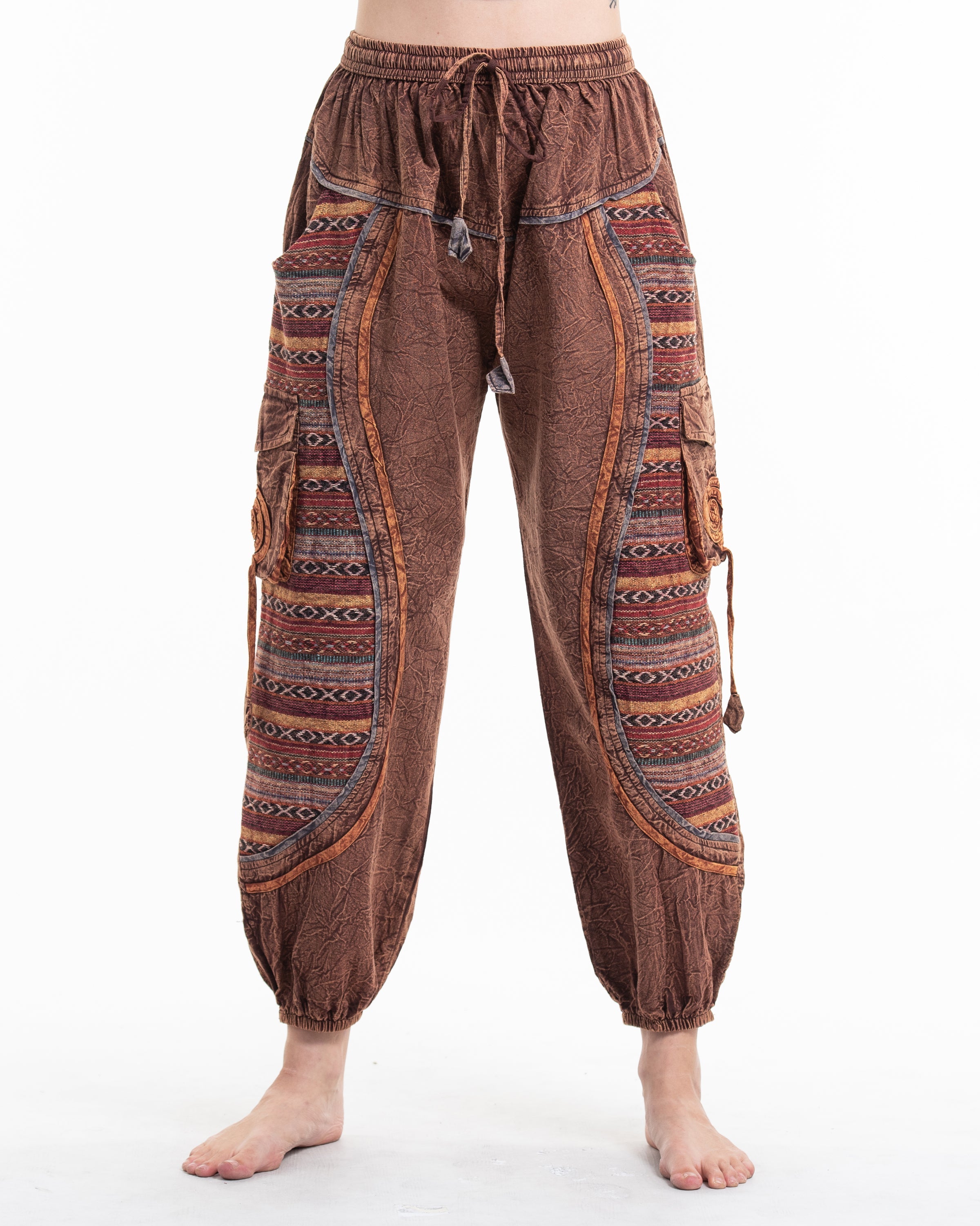 Women's Patchwork Stone Washed Cargo Cotton Pants in Brown 07