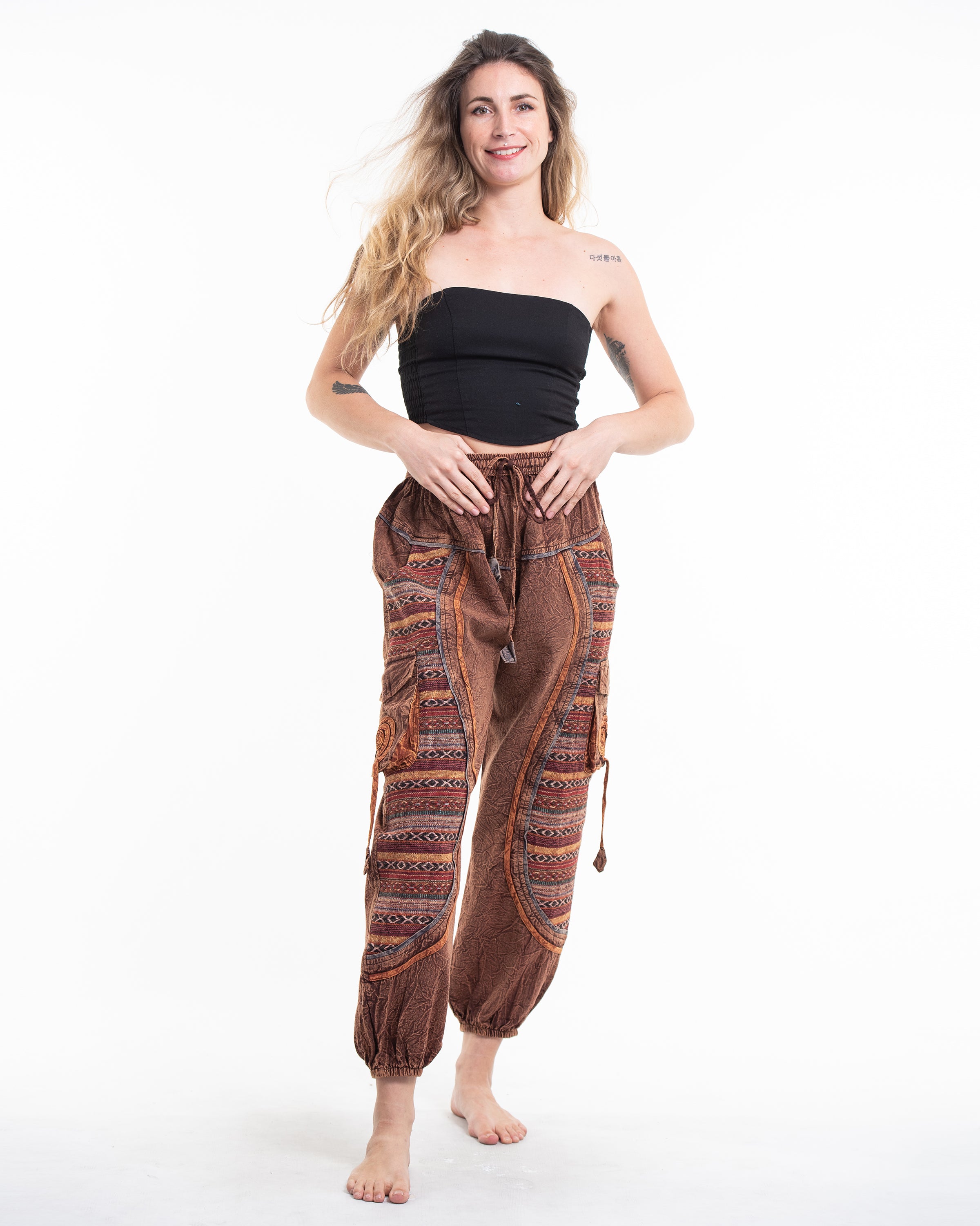 Women's Patchwork Stone Washed Cargo Cotton Pants in Brown 07