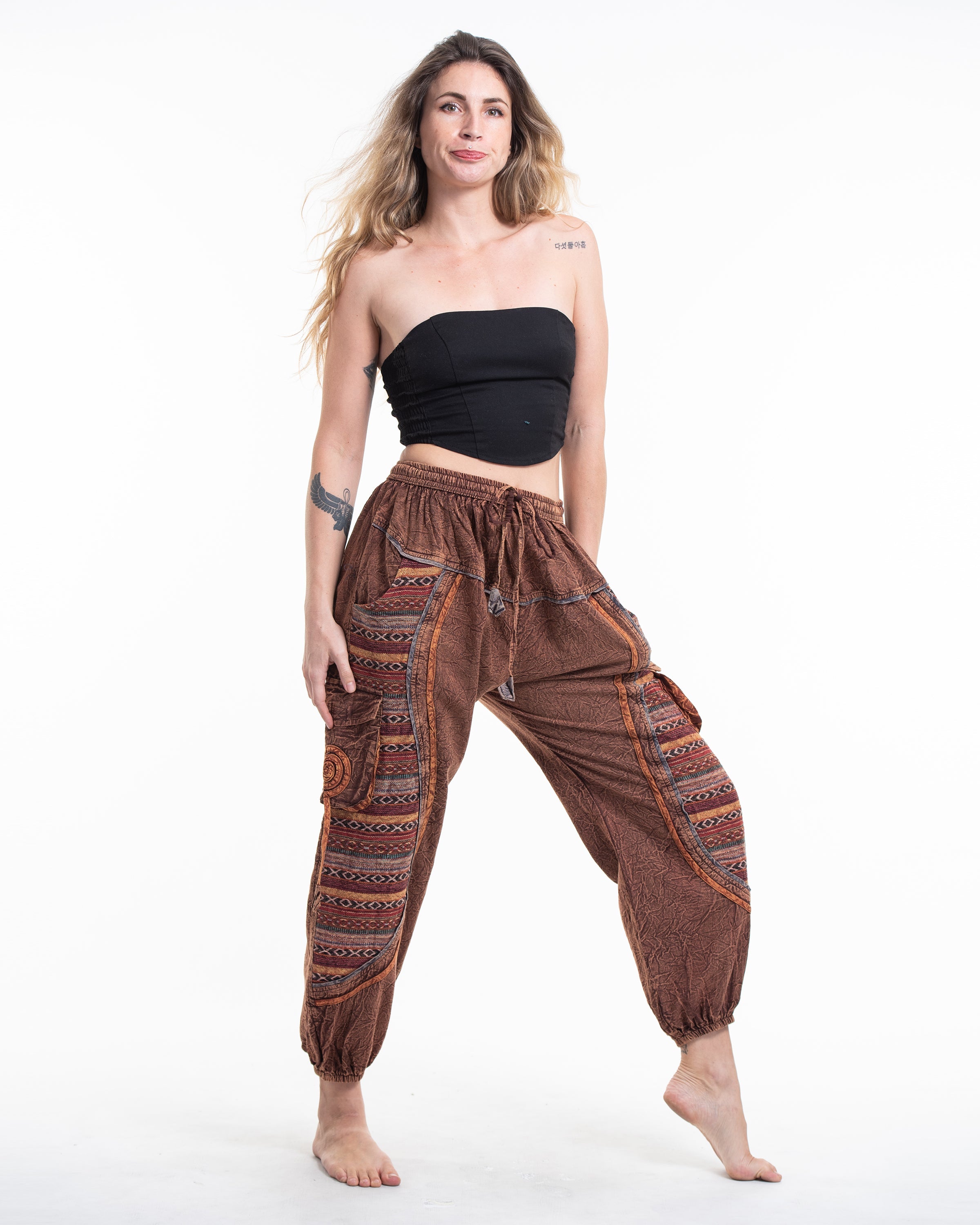 Women's Patchwork Stone Washed Cargo Cotton Pants in Brown 07