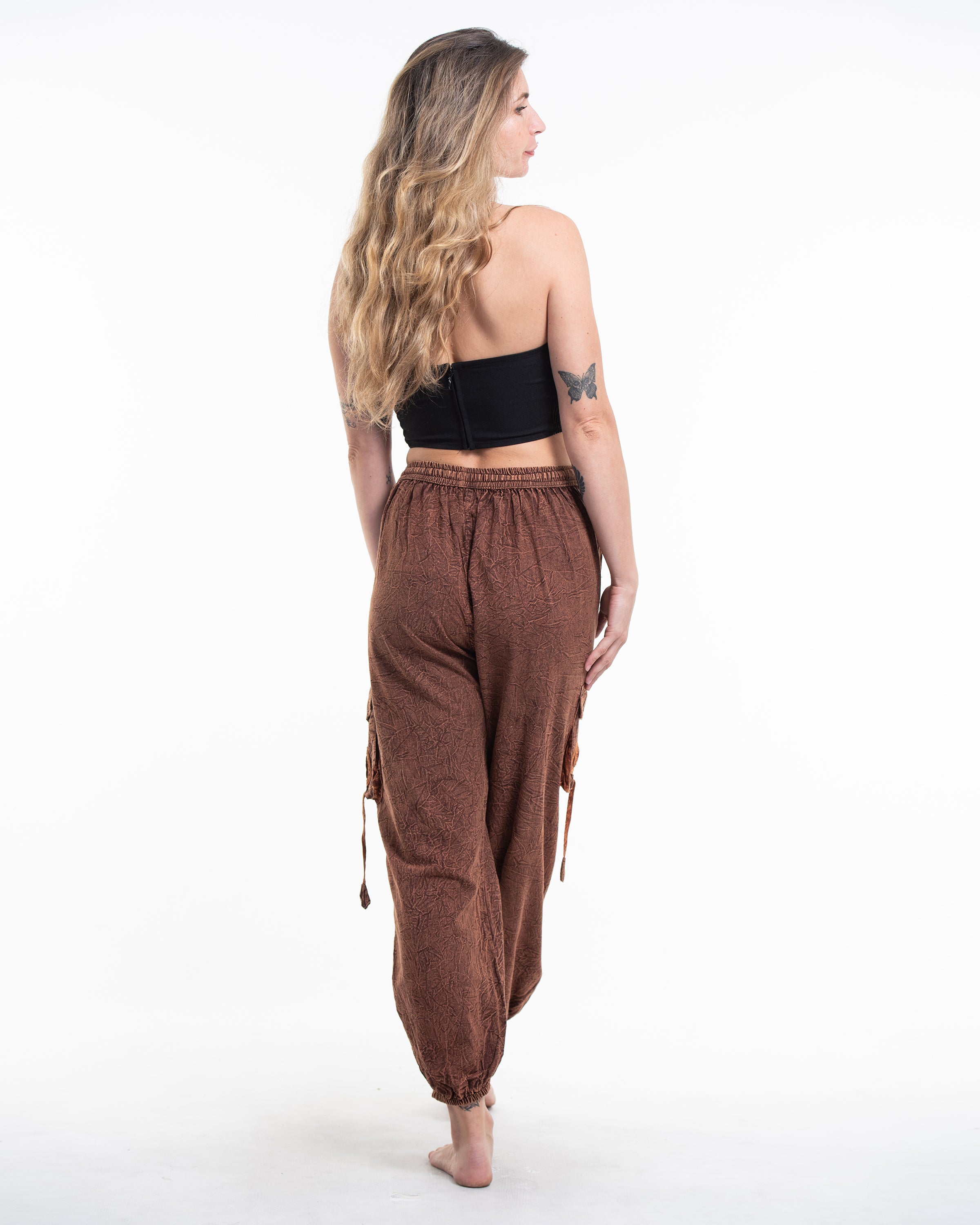 Women's Patchwork Stone Washed Cargo Cotton Pants in Brown 07