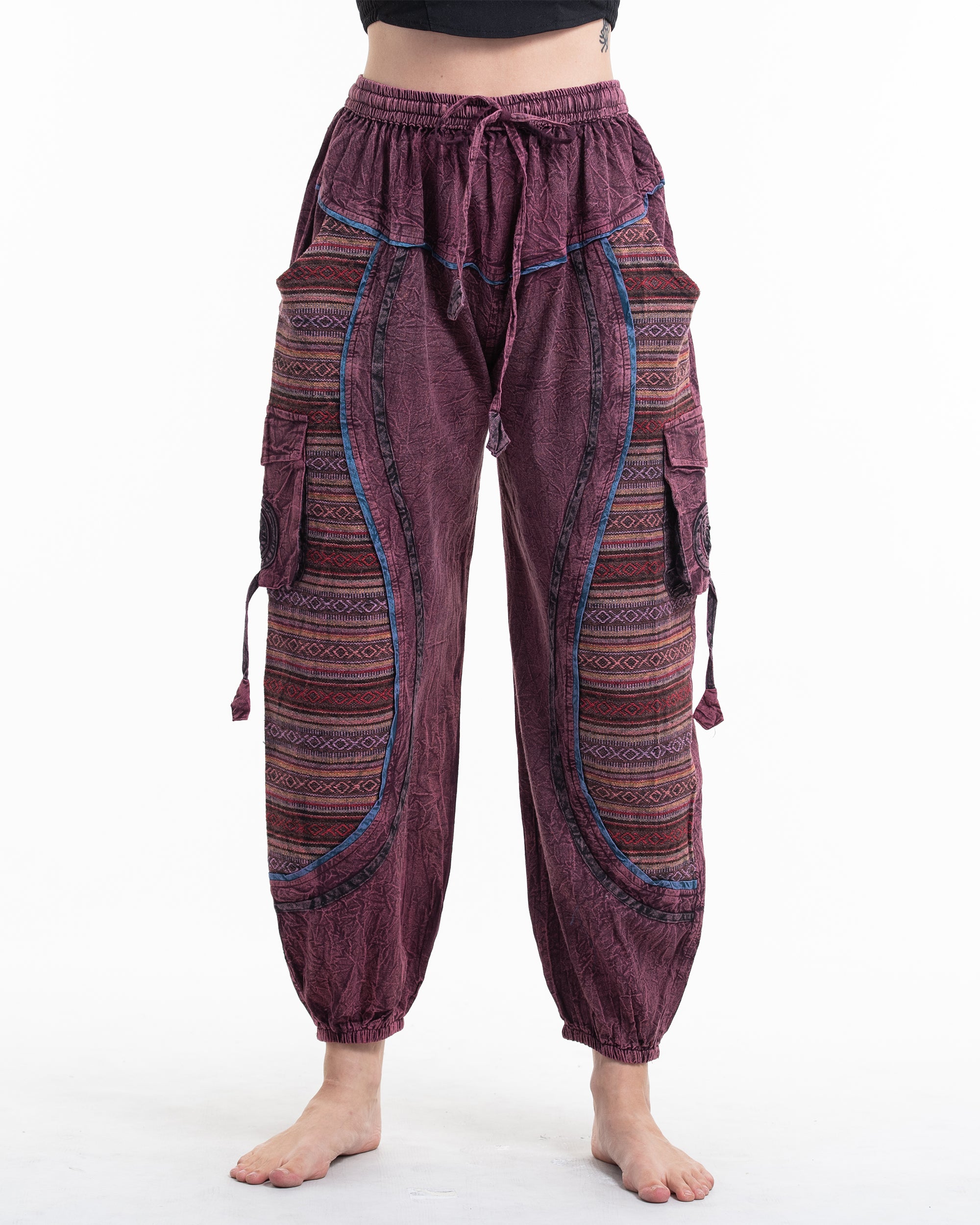 Women's Patchwork Stone Washed Cargo Cotton Pants in Maroon 07