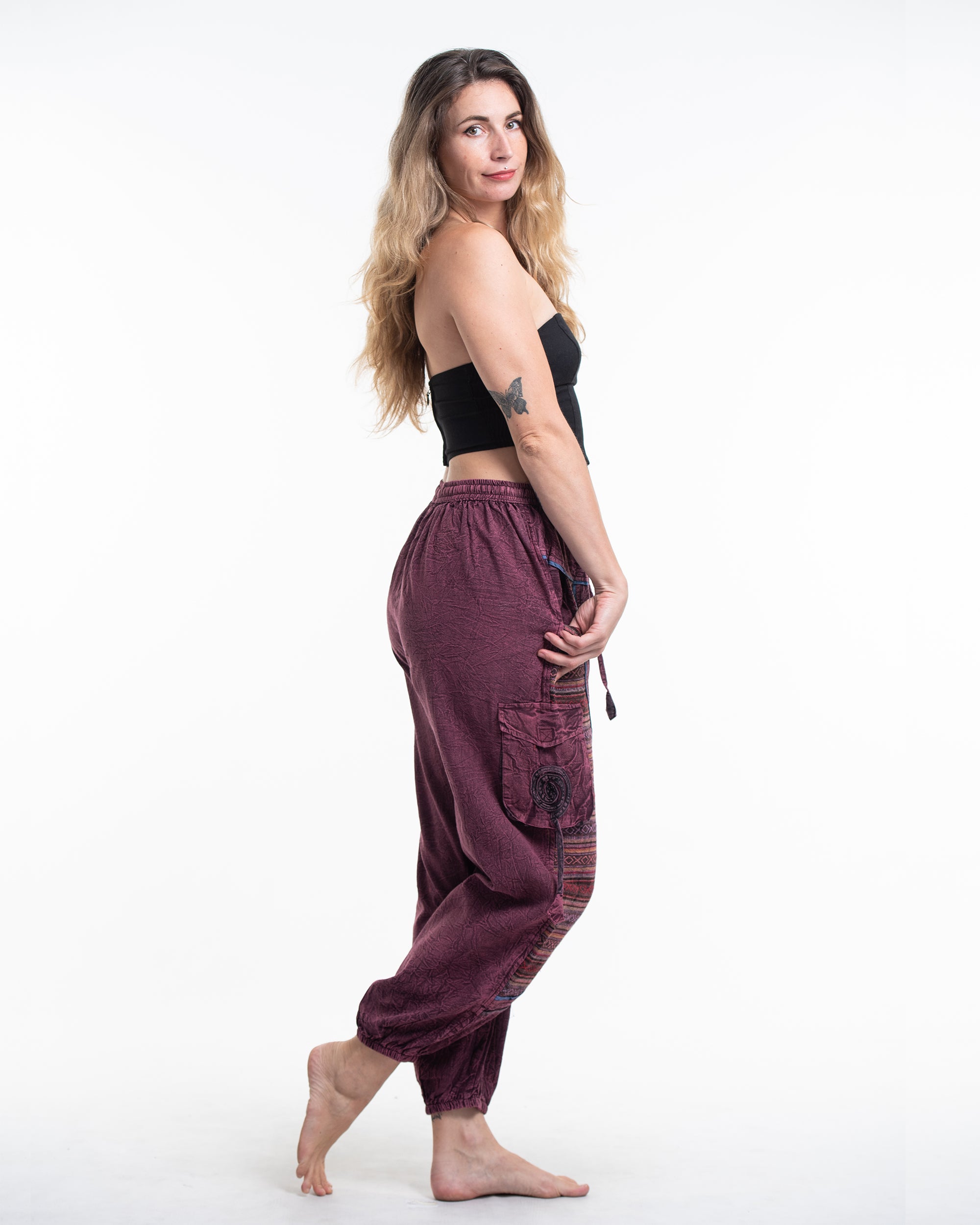 Women's Patchwork Stone Washed Cargo Cotton Pants in Maroon 07