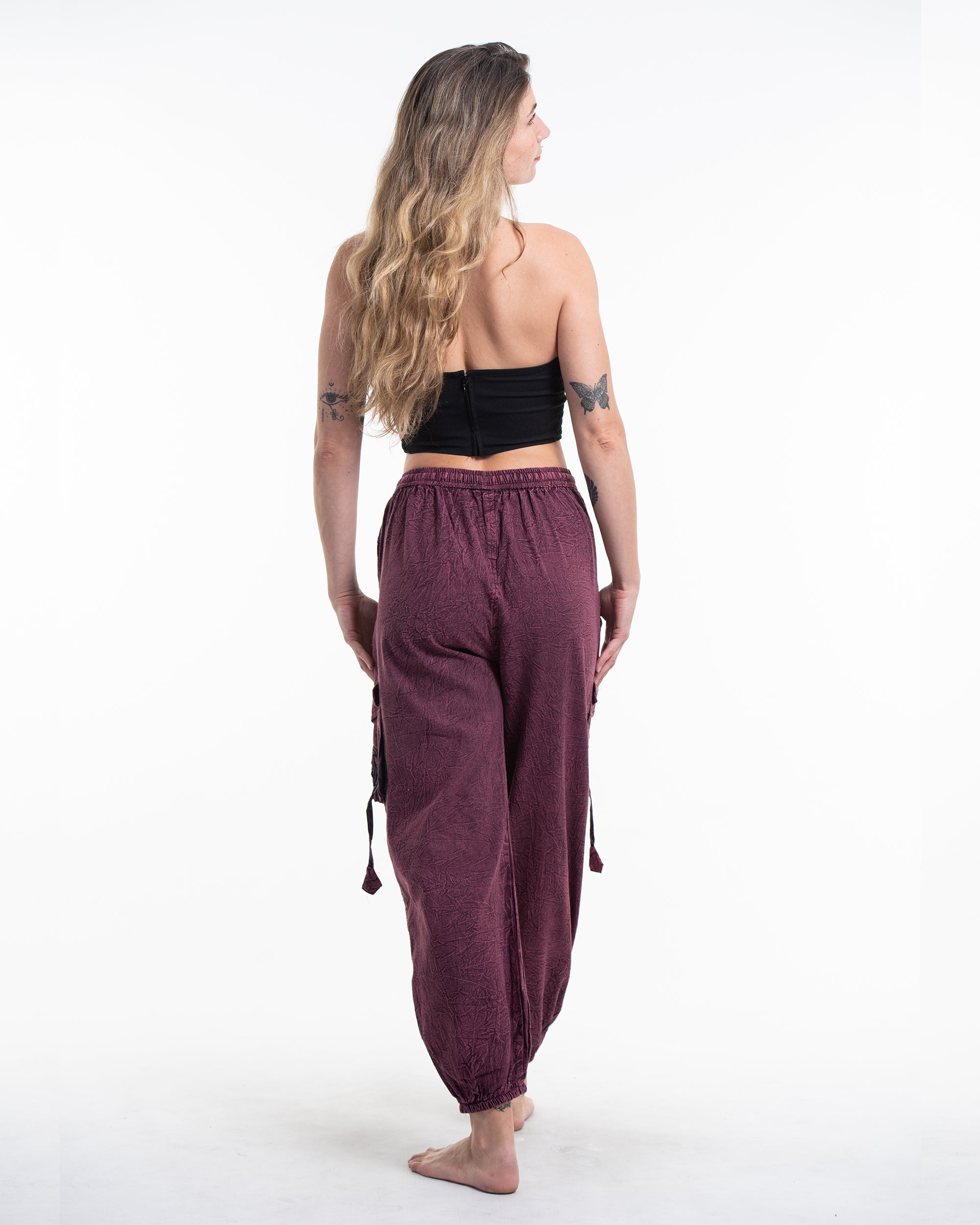 Women's Patchwork Stone Washed Cargo Cotton Pants in Maroon 07