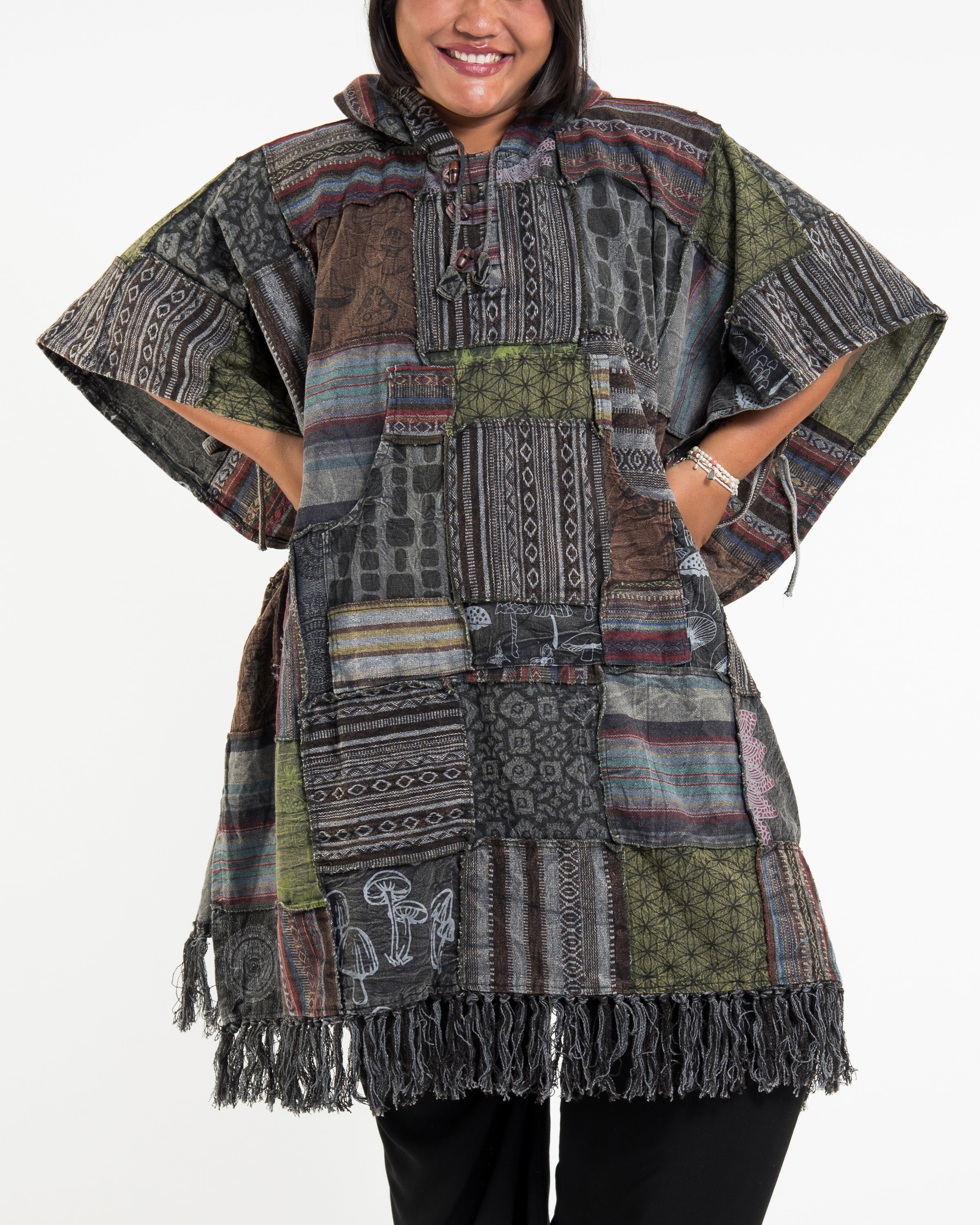 Unisex Patchwork Stonewash Hooded Poncho in Black