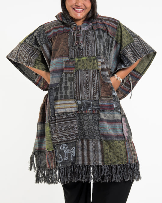 Unisex Patchwork Stonewash Hooded Poncho in Black