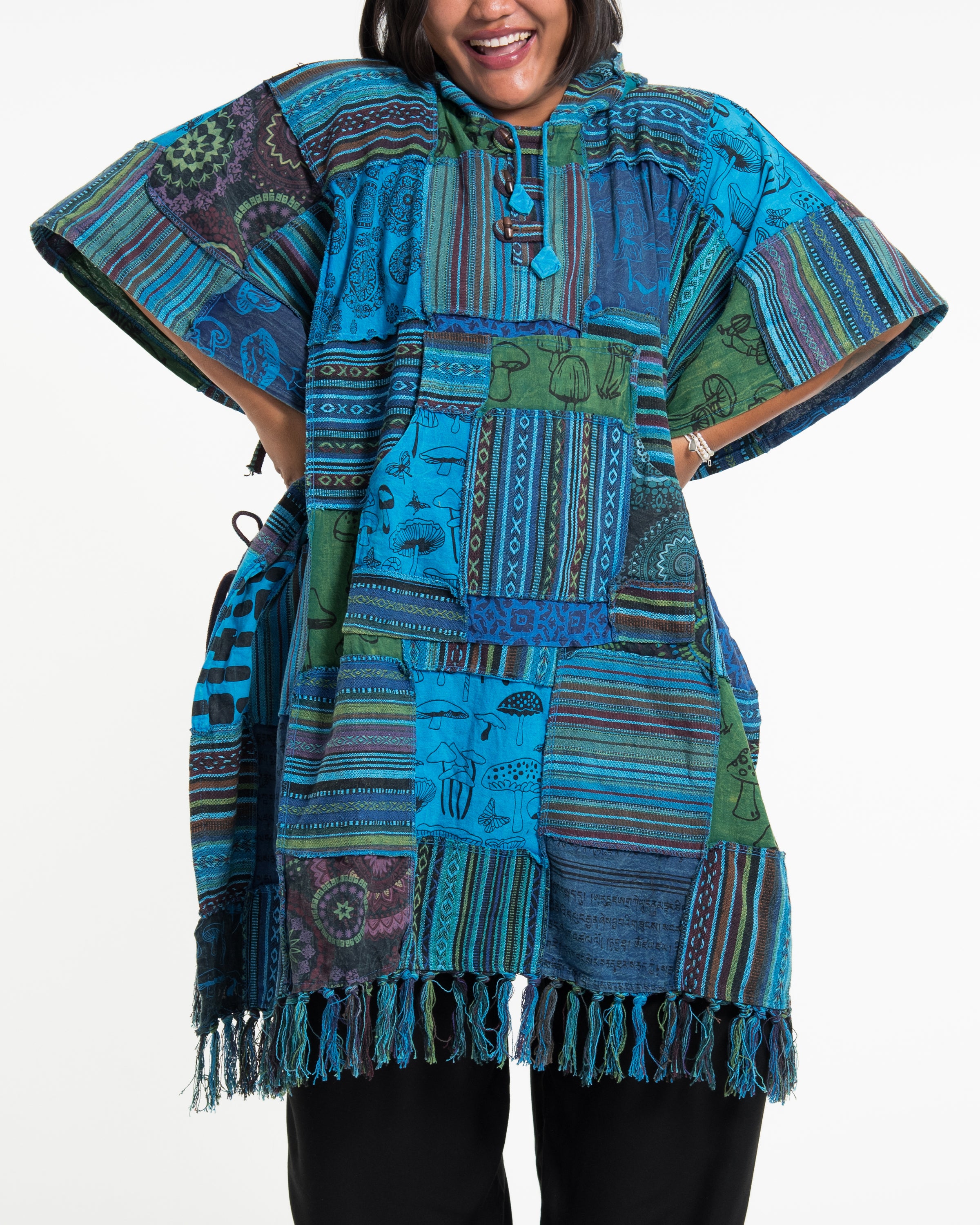 Unisex Patchwork Stonewash Hooded Poncho in Blue