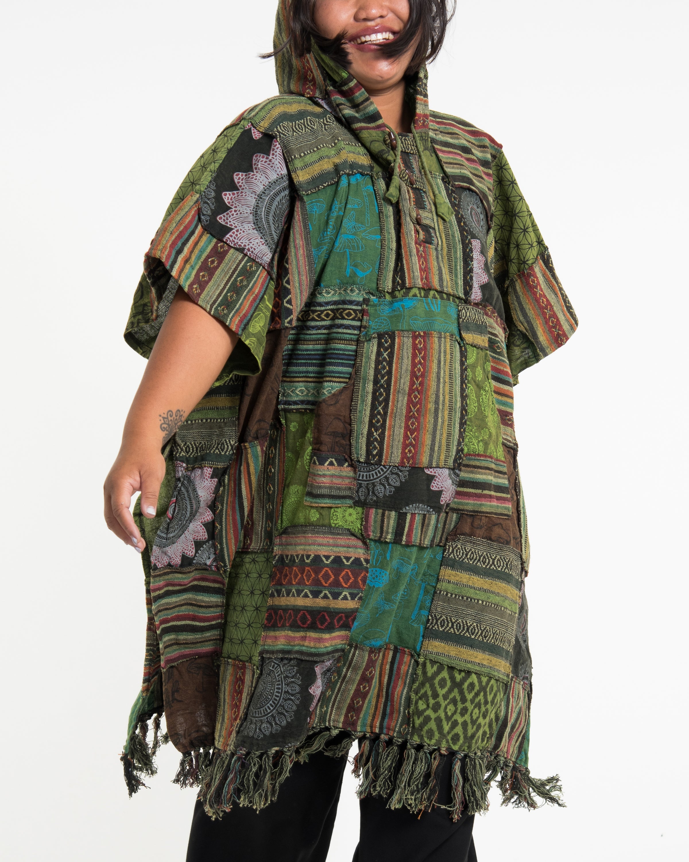 Unisex Patchwork Stonewash Hooded Poncho in Green