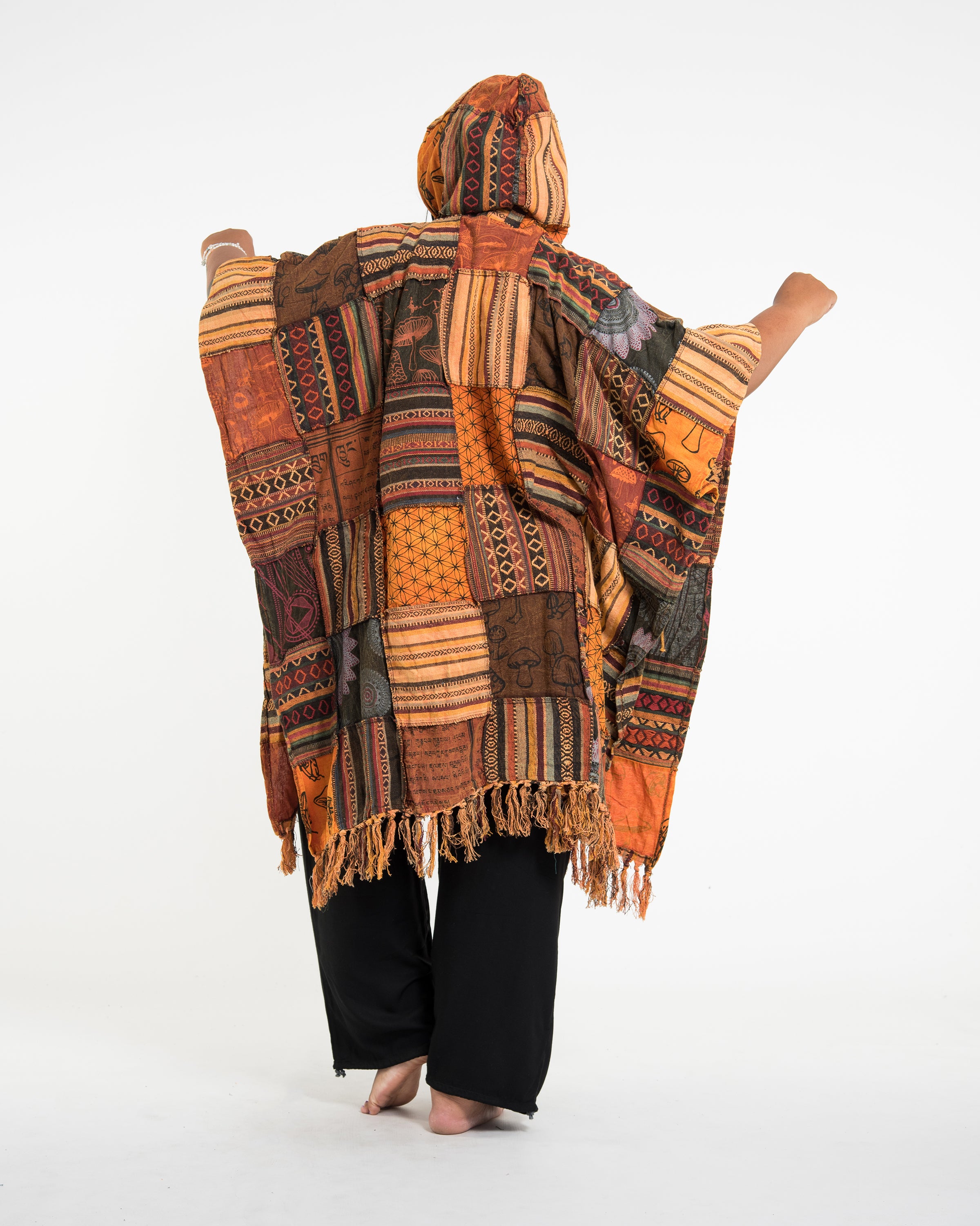 Unisex Patchwork Stonewash Hooded Poncho in Orange