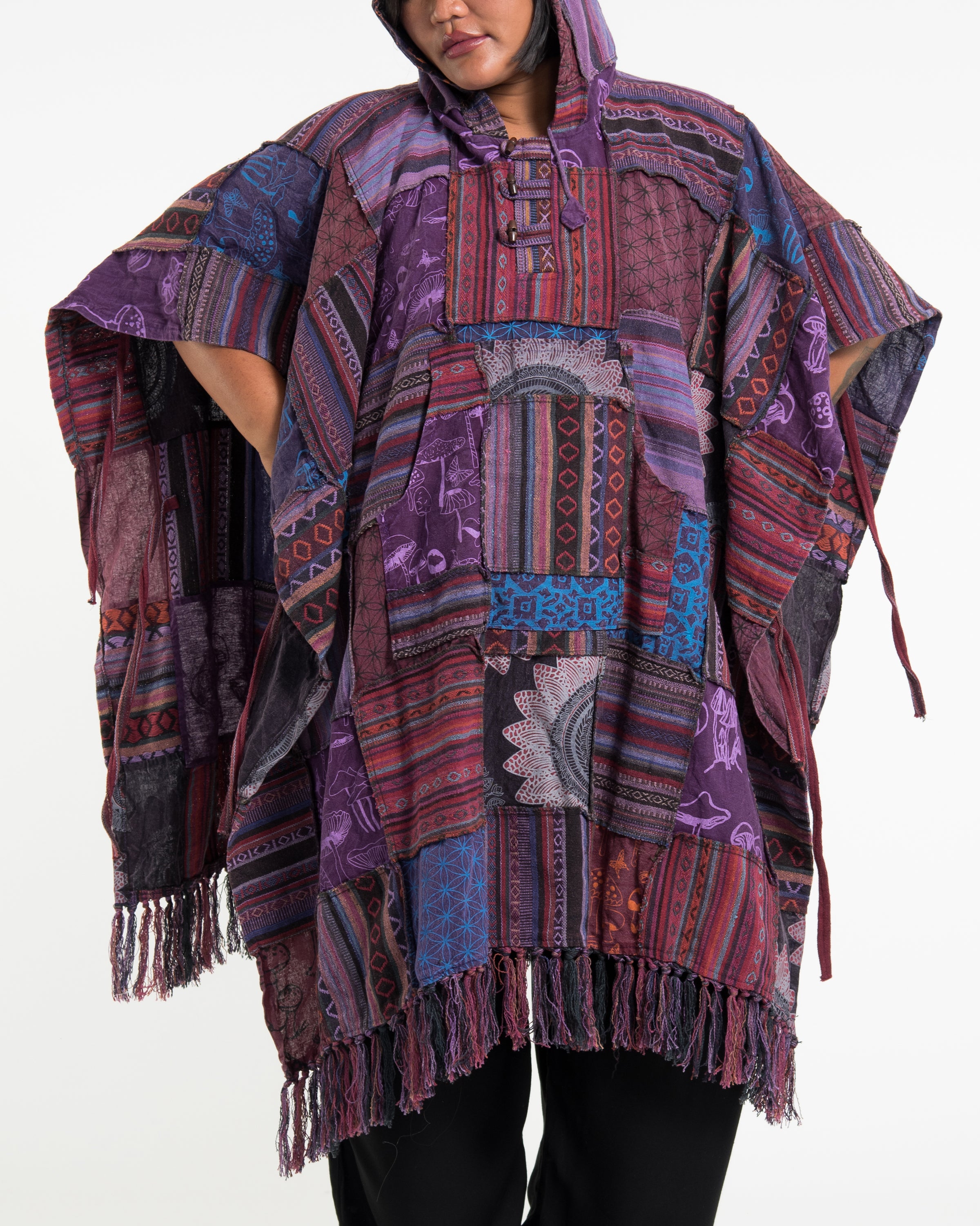Unisex Patchwork Stonewash Hooded Poncho in Purple