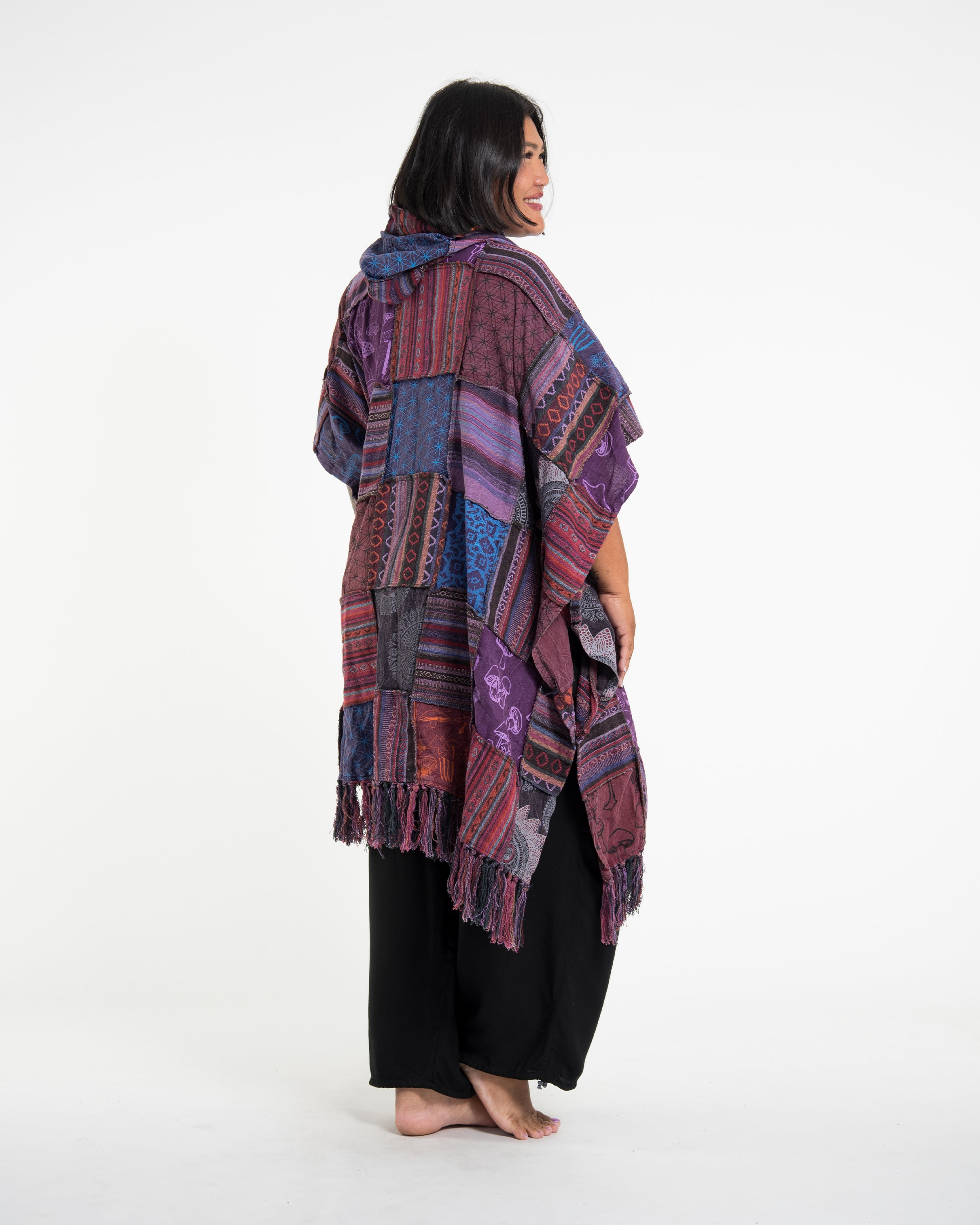 Unisex Patchwork Stonewash Hooded Poncho in Purple