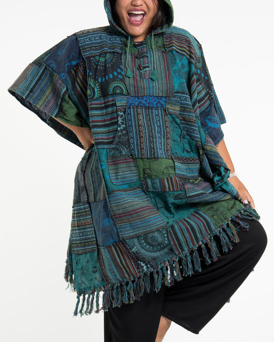 Unisex Patchwork Stonewash Hooded Poncho in Turquoise