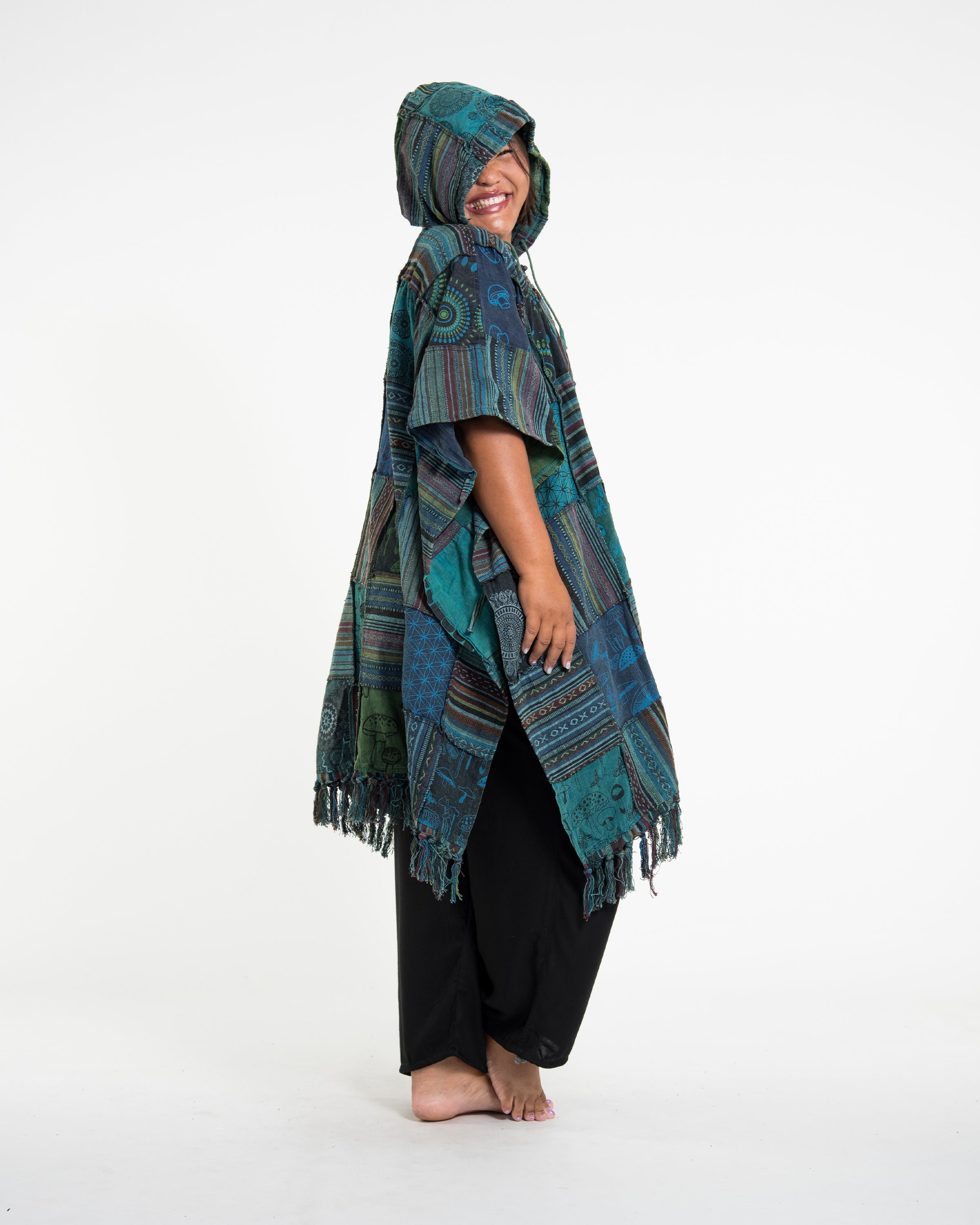 Unisex Patchwork Stonewash Hooded Poncho in Turquoise