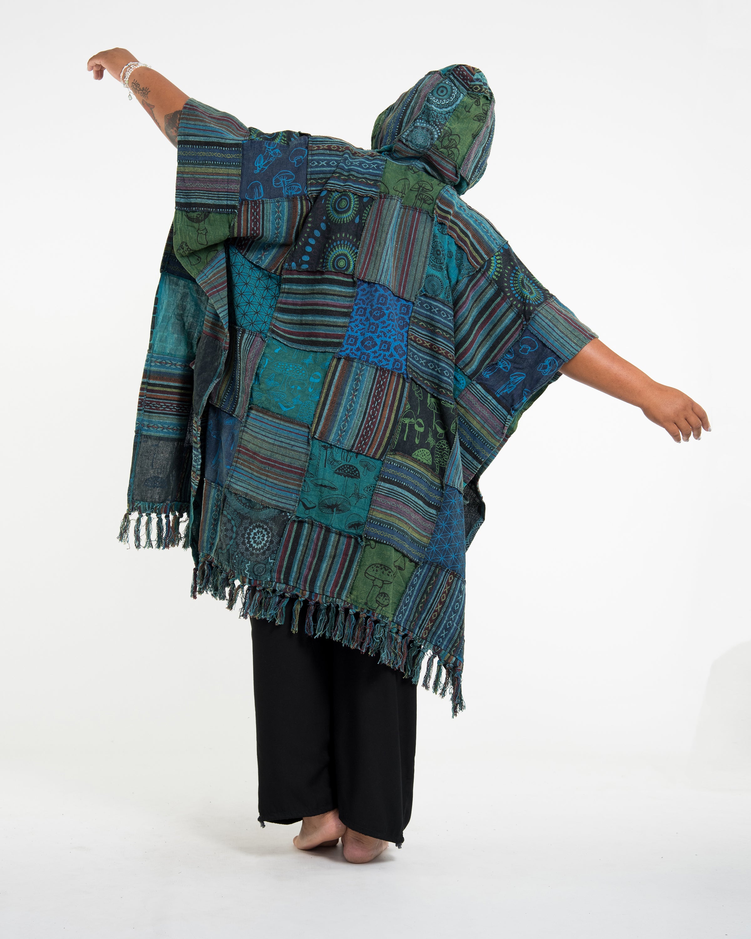 Unisex Patchwork Stonewash Hooded Poncho in Turquoise